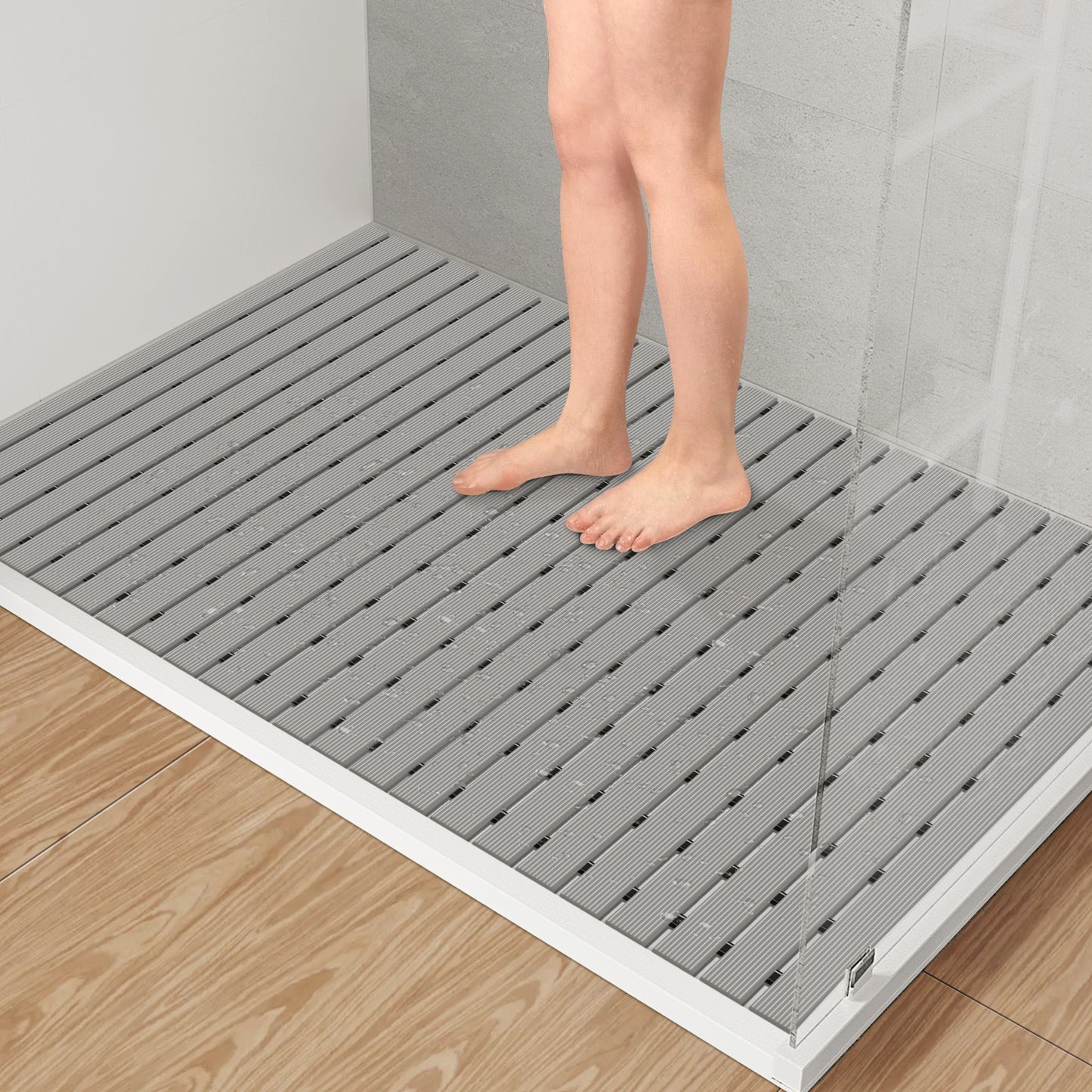 Yolife Extra Large PVC Shower Mat, 35.4x24 inch Non-Slip Bath Mat with Quick Drain, No Suction Cups, Easy to Cut & Store for Tub, Stall, Spa