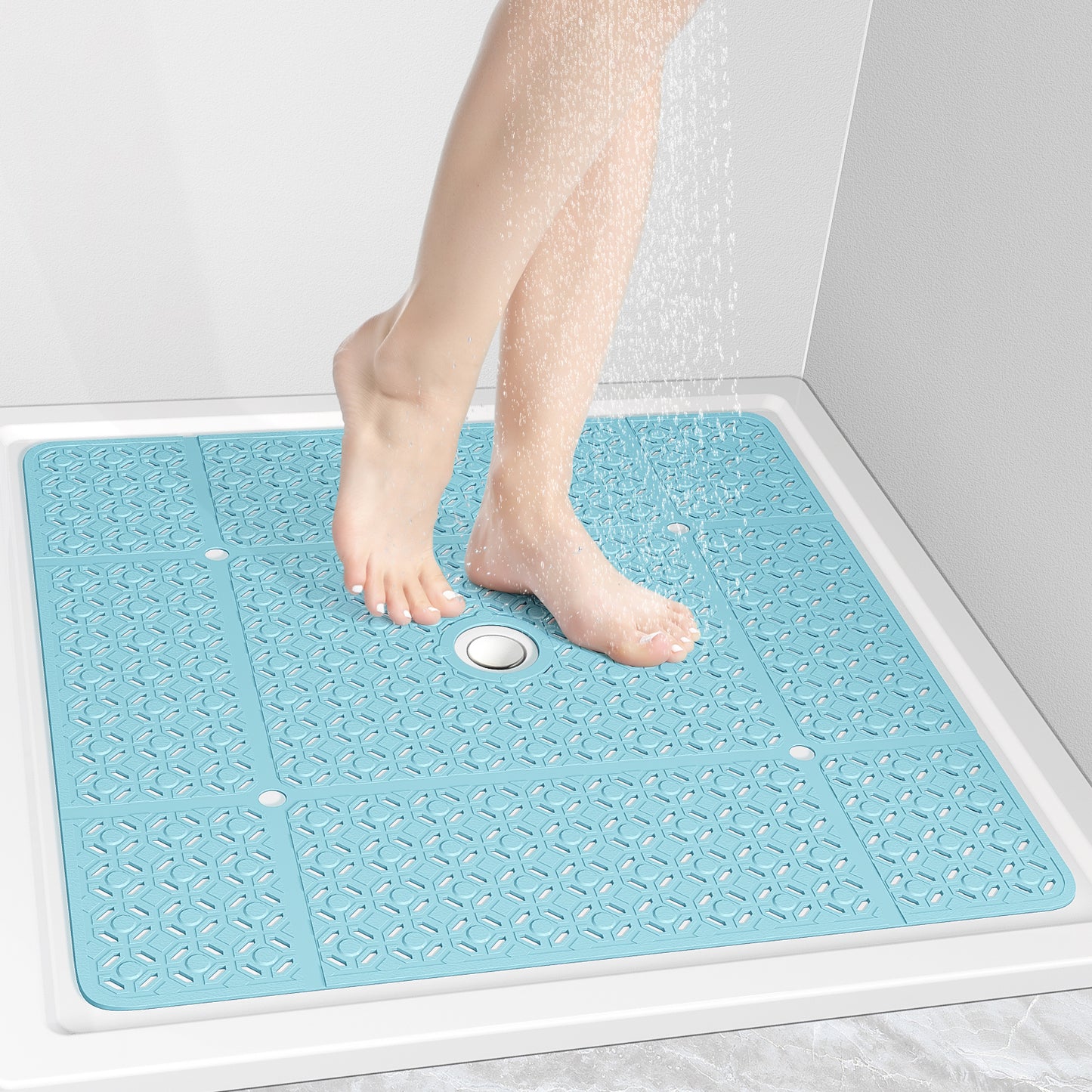 OTHWAY Square Shower Mat, 27"x 27" Extra Large Shower Mats for Inside Shower, TPE Anti Slip Shower Mat with Suction Cups Drain Holes, Machine Washable Shower Floor Mat