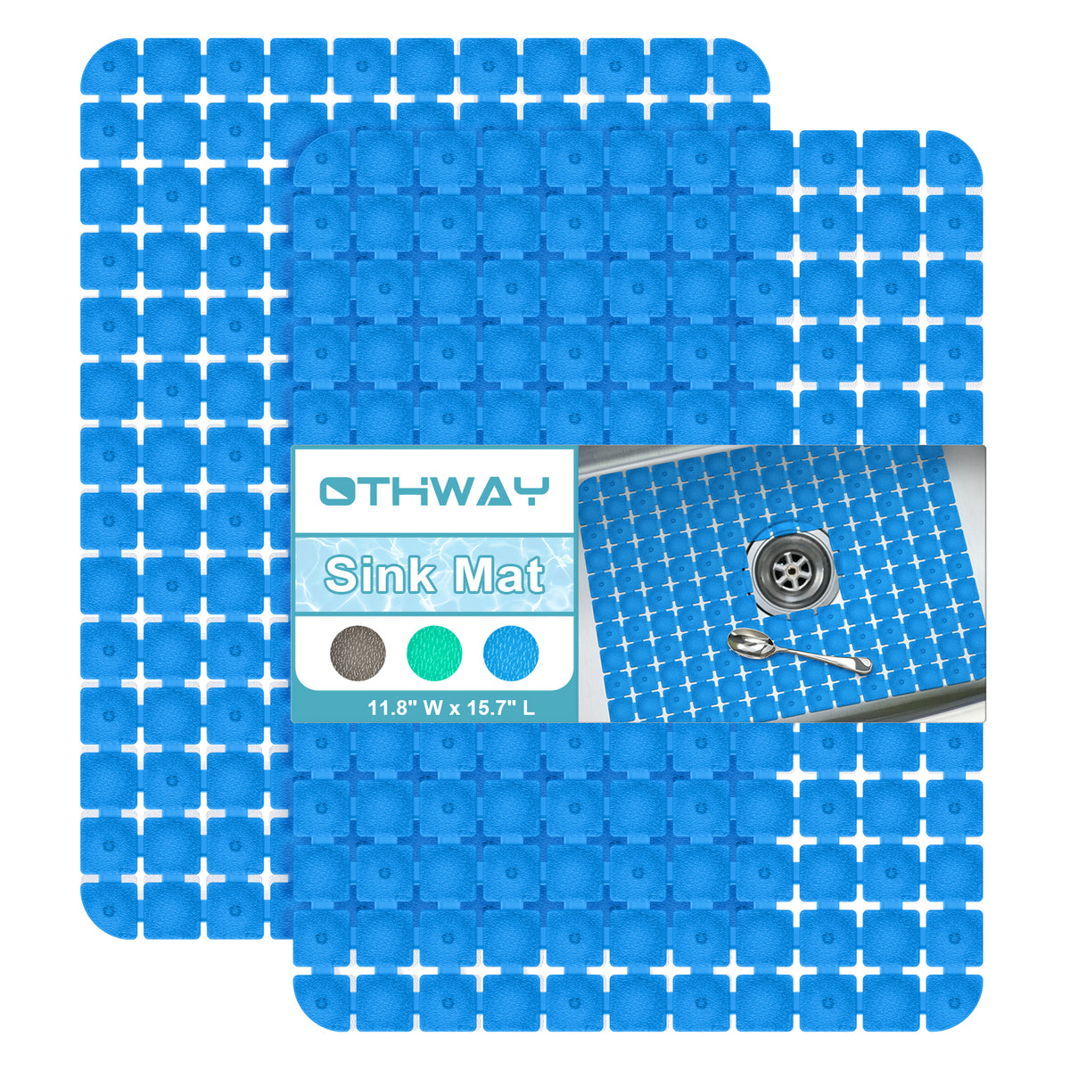 OTHWAY 2-Pack Square Sink Mats,Non-Slip Sink Mats for Kitchen, Quick-Dry Dish Drying Pad & Cabinet Protector, Flexible PVC Sink Grid Liner for Stainless Steel/Ceramic Sinks, 15.7"x11.8"