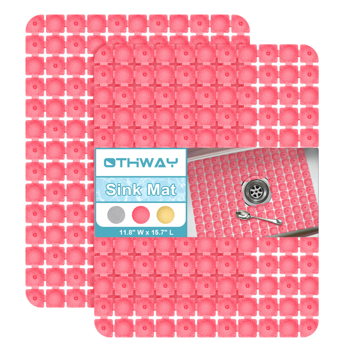 OTHWAY 2-Pack Square Sink Mats,Non-Slip Sink Mats for Kitchen, Quick-Dry Dish Drying Pad & Cabinet Protector, Flexible PVC Sink Grid Liner for Stainless Steel/Ceramic Sinks, 15.7"x11.8"
