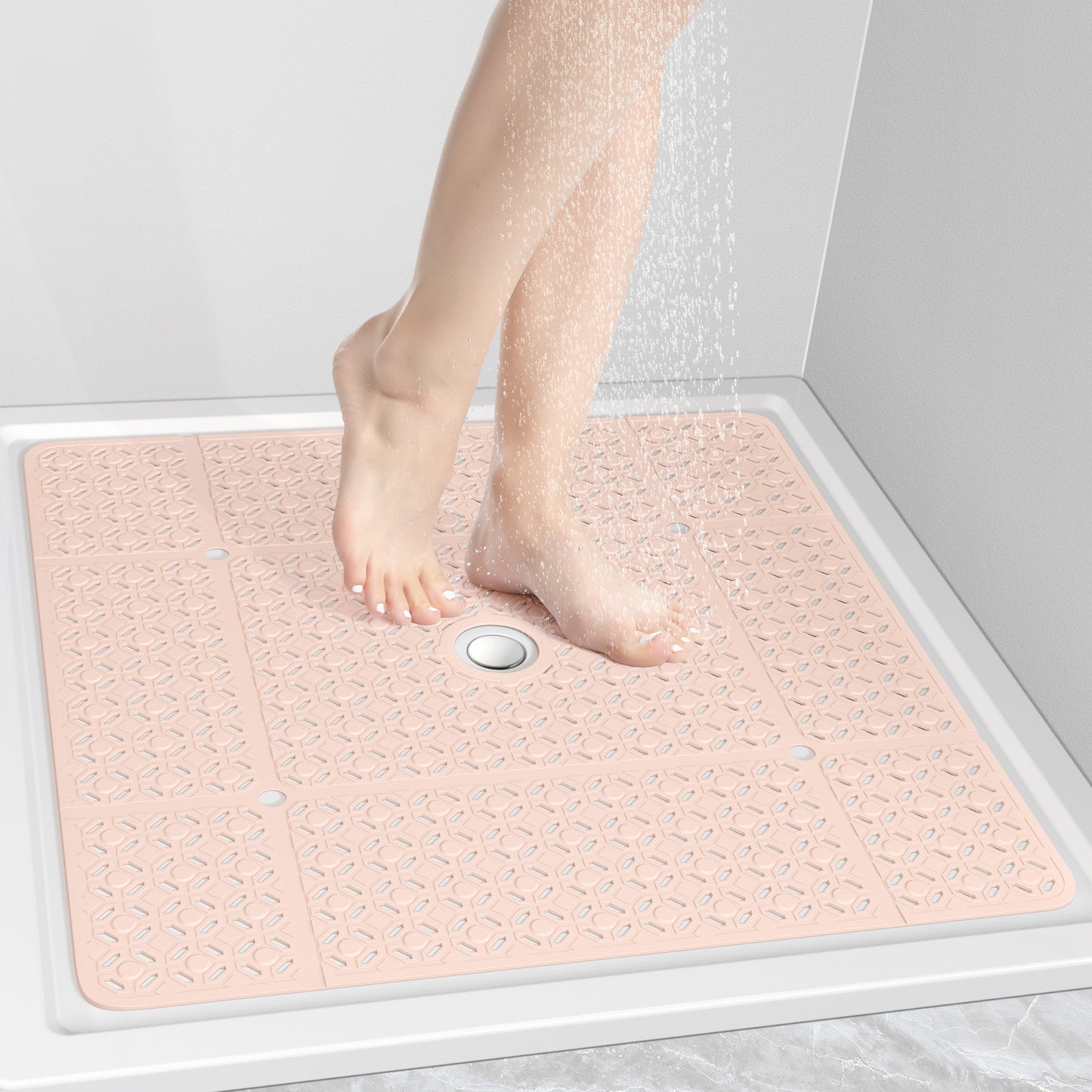 OTHWAY Square Shower Mat, 27"x 27" Extra Large Shower Mats for Inside Shower, TPE Anti Slip Shower Mat with Suction Cups Drain Holes, Machine Washable Shower Floor Mat