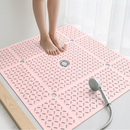 Yolife 27" x 27" Square Shower Mat, Non-Slip TPE Bath Mat with Drain Hole & Suction Cups, Machine Washable Soft Floor Mat for Tub or Stall