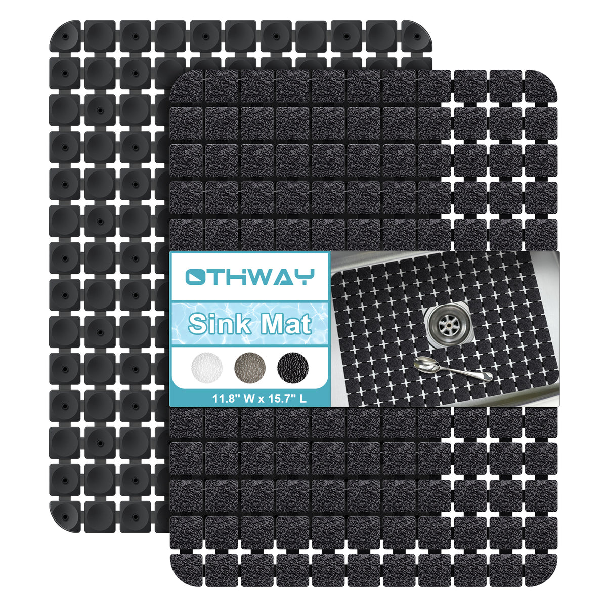 OTHWAY 2-Pack Square Sink Mats,Non-Slip Sink Mats for Kitchen, Quick-Dry Dish Drying Pad & Cabinet Protector, Flexible PVC Sink Grid Liner for Stainless Steel/Ceramic Sinks, 15.7"x11.8"