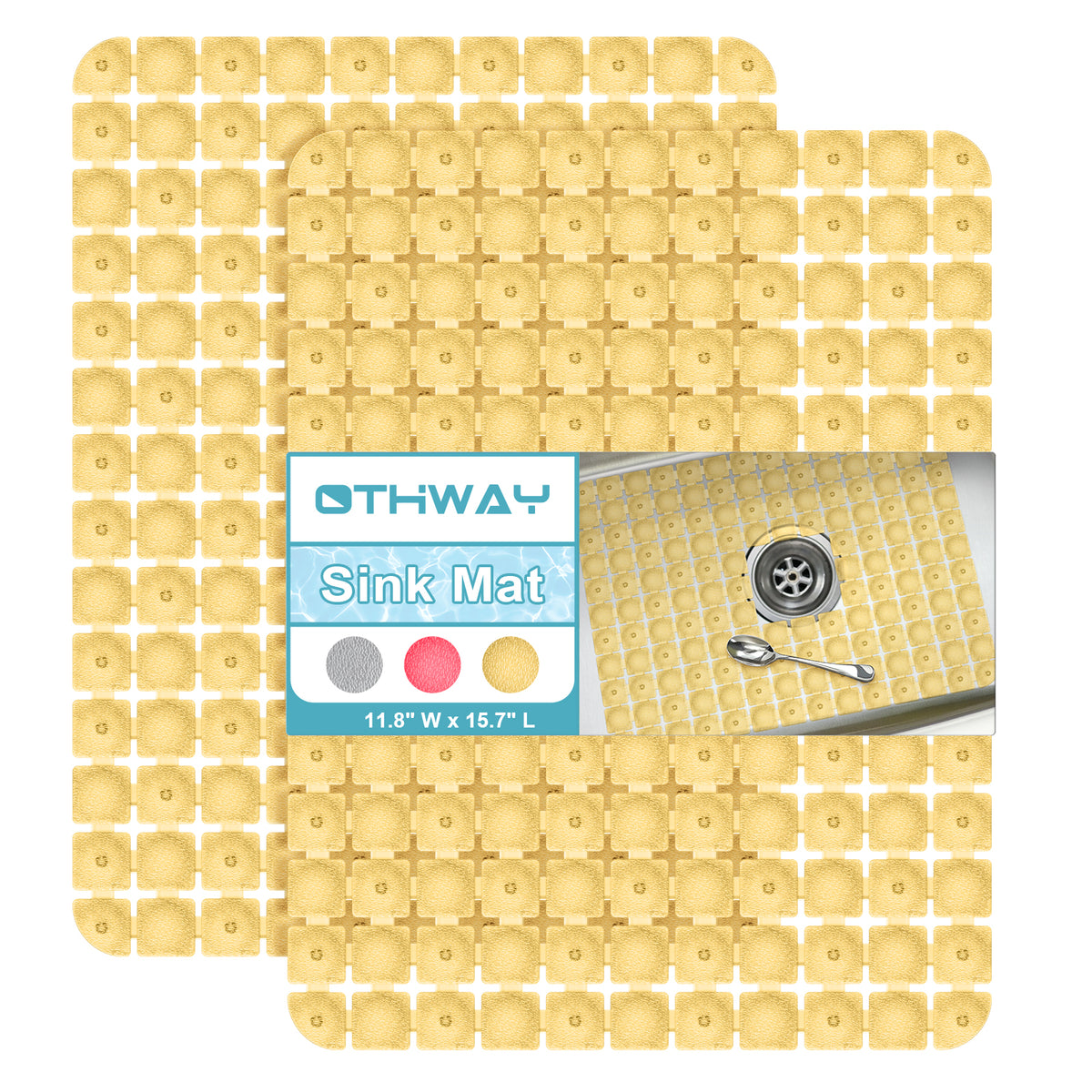 OTHWAY 2-Pack Square Sink Mats,Non-Slip Sink Mats for Kitchen, Quick-Dry Dish Drying Pad & Cabinet Protector, Flexible PVC Sink Grid Liner for Stainless Steel/Ceramic Sinks, 15.7"x11.8"