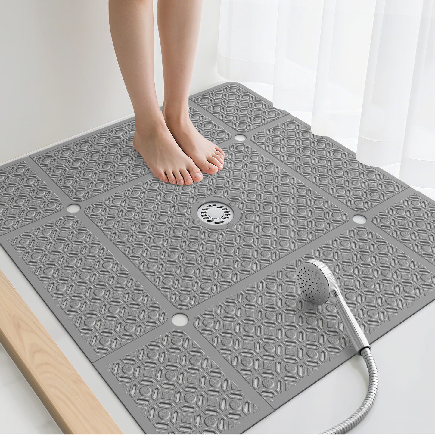 Yolife 27" x 27" Square Shower Mat, Non-Slip TPE Bath Mat with Drain Hole & Suction Cups, Machine Washable Soft Floor Mat for Tub or Stall