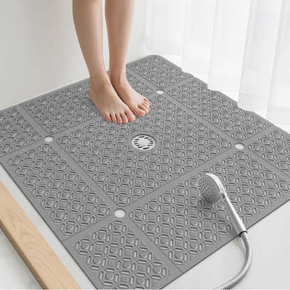 Yolife 27" x 27" Square Shower Mat, Non-Slip TPE Bath Mat with Drain Hole & Suction Cups, Machine Washable Soft Floor Mat for Tub or Stall