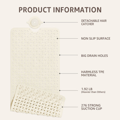 OTHWAY Non-Slip Bath Mat for Tub with Hair Catcher, 39"x17" Long Shower Mat, Large Drain Holes, Machine Washable Gripper Tub Mat