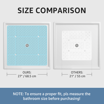 Yolife 27" x 27" Square Shower Mat, Non-Slip TPE Bath Mat with Drain Hole & Suction Cups, Machine Washable Soft Floor Mat for Tub or Stall