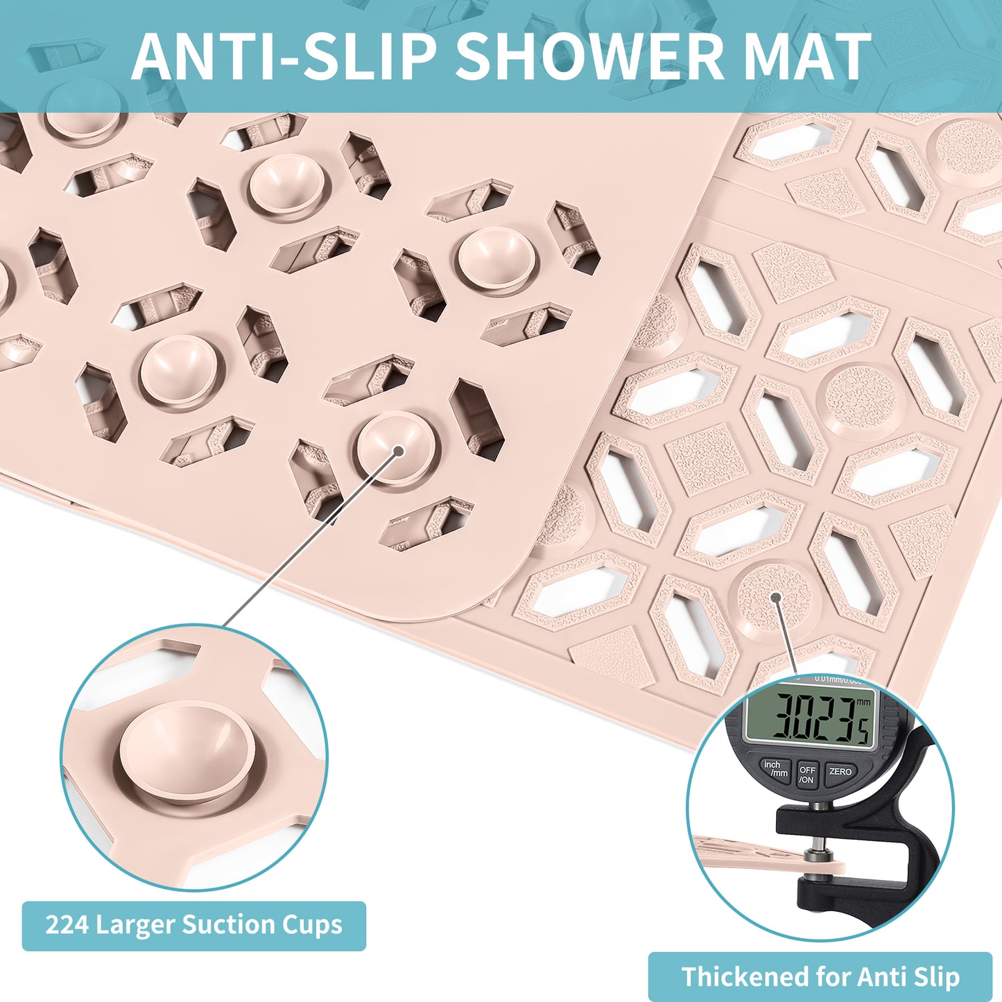 OTHWAY Square Shower Mat, 27"x 27" Extra Large Shower Mats for Inside Shower, TPE Anti Slip Shower Mat with Suction Cups Drain Holes, Machine Washable Shower Floor Mat
