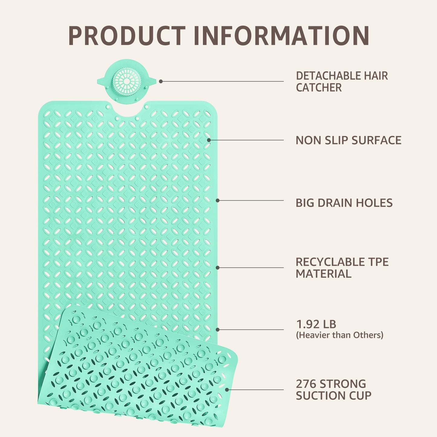OTHWAY Non-Slip Bath Mat for Tub with Hair Catcher, 39"x17" Long Shower Mat, Large Drain Holes, Machine Washable Gripper Tub Mat