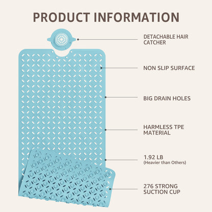 OTHWAY Non-Slip Bath Mat for Tub with Hair Catcher, 39"x17" Long Shower Mat, Large Drain Holes, Machine Washable Gripper Tub Mat