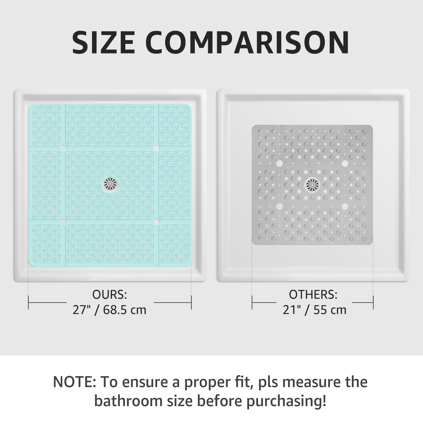 Yolife 27" x 27" Square Shower Mat, Non-Slip TPE Bath Mat with Drain Hole & Suction Cups, Machine Washable Soft Floor Mat for Tub or Stall