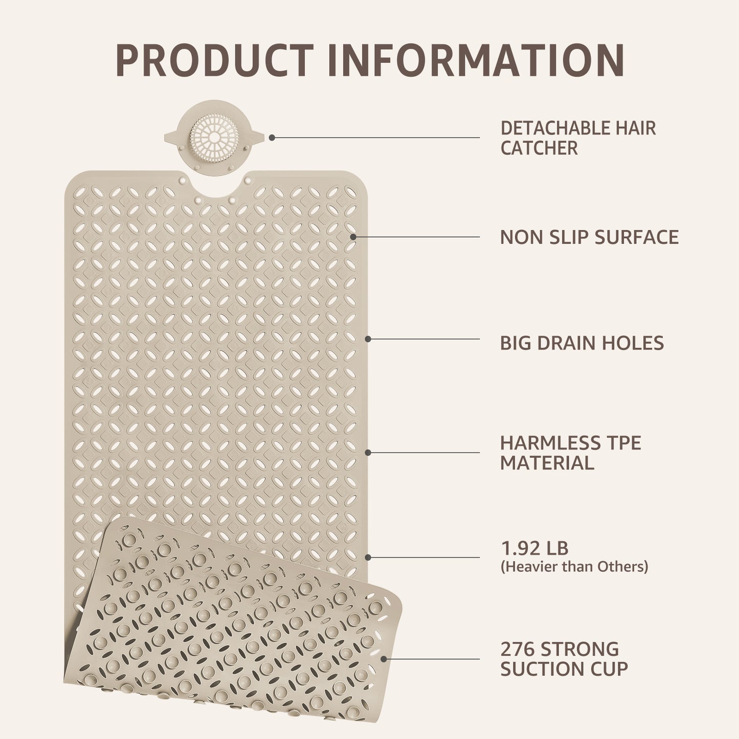 OTHWAY Non-Slip Bath Mat for Tub with Hair Catcher, 39"x17" Long Shower Mat, Large Drain Holes, Machine Washable Gripper Tub Mat