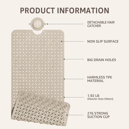 OTHWAY Non-Slip Bath Mat for Tub with Hair Catcher, 39"x17" Long Shower Mat, Large Drain Holes, Machine Washable Gripper Tub Mat
