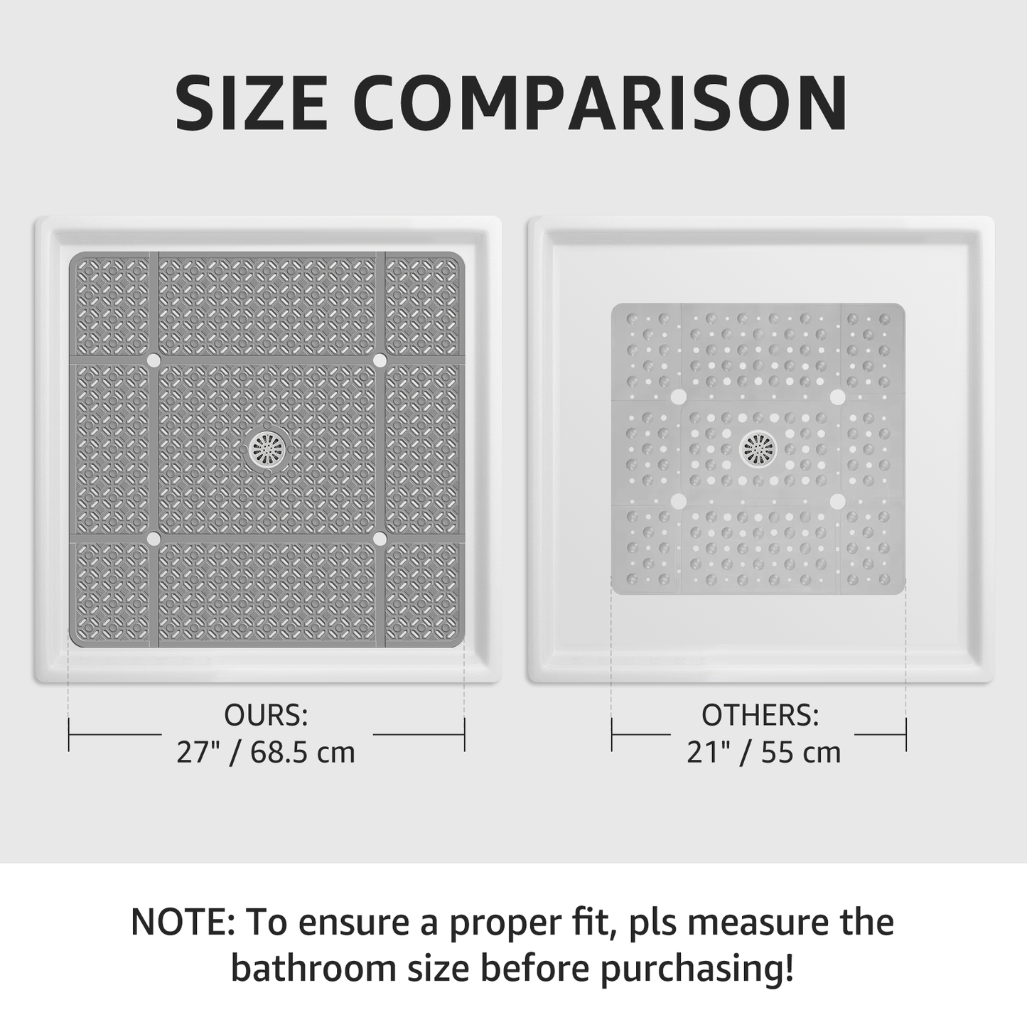 Yolife 27" x 27" Square Shower Mat, Non-Slip TPE Bath Mat with Drain Hole & Suction Cups, Machine Washable Soft Floor Mat for Tub or Stall