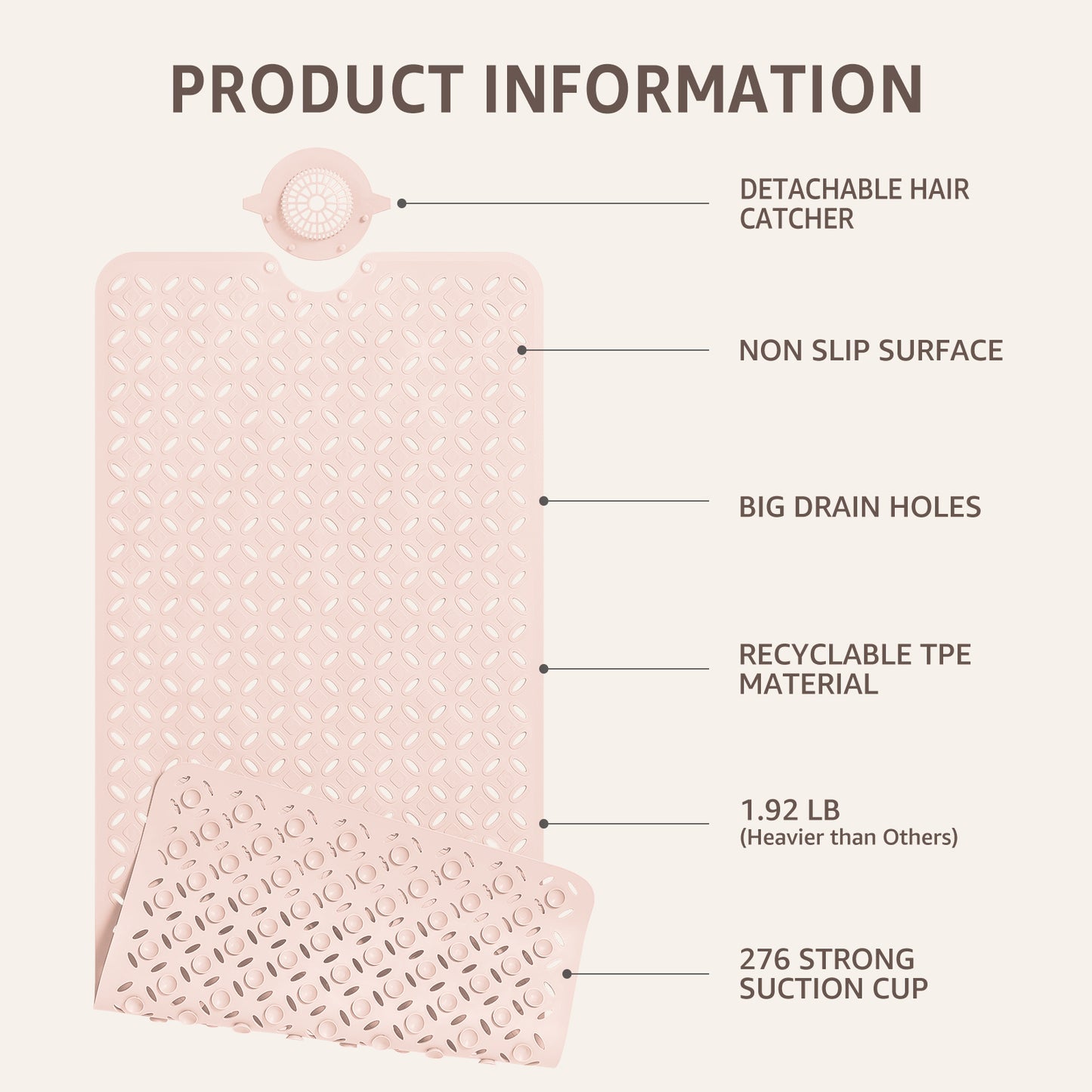 OTHWAY Non-Slip Bath Mat for Tub with Hair Catcher, 39"x17" Long Shower Mat, Large Drain Holes, Machine Washable Gripper Tub Mat