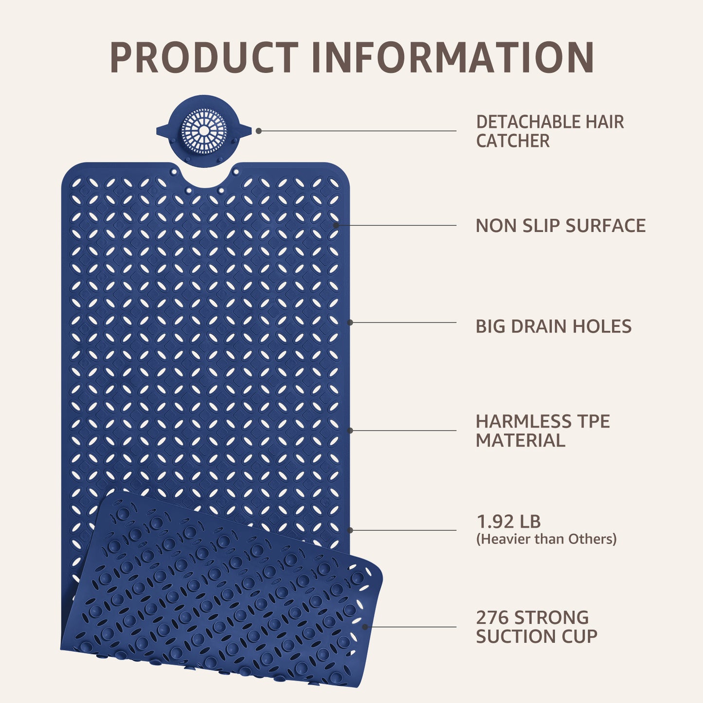 OTHWAY Non-Slip Bath Mat for Tub with Hair Catcher, 39"x17" Long Shower Mat, Large Drain Holes, Machine Washable Gripper Tub Mat