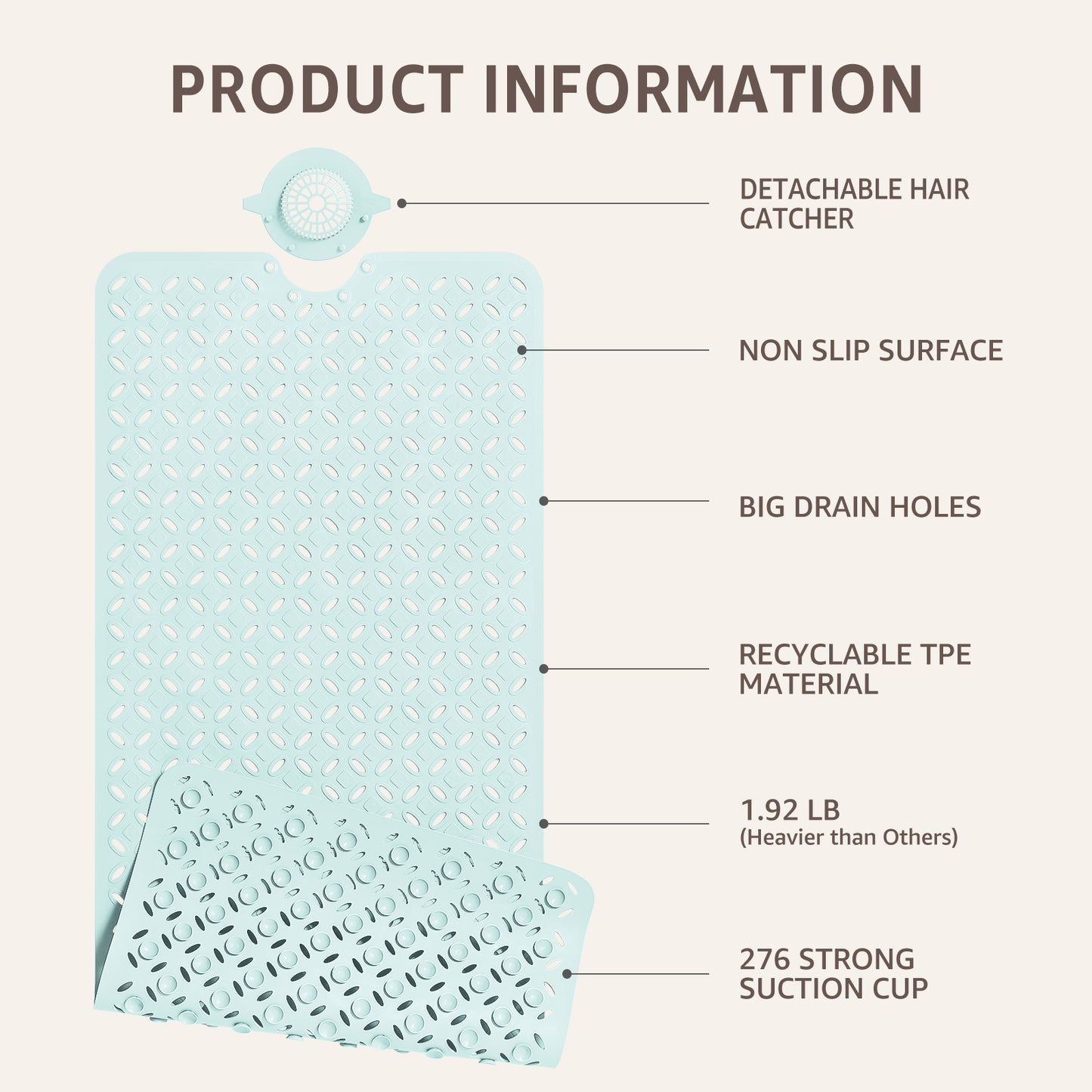 OTHWAY Non-Slip Bath Mat for Tub with Hair Catcher, 39"x17" Long Shower Mat, Large Drain Holes, Machine Washable Gripper Tub Mat