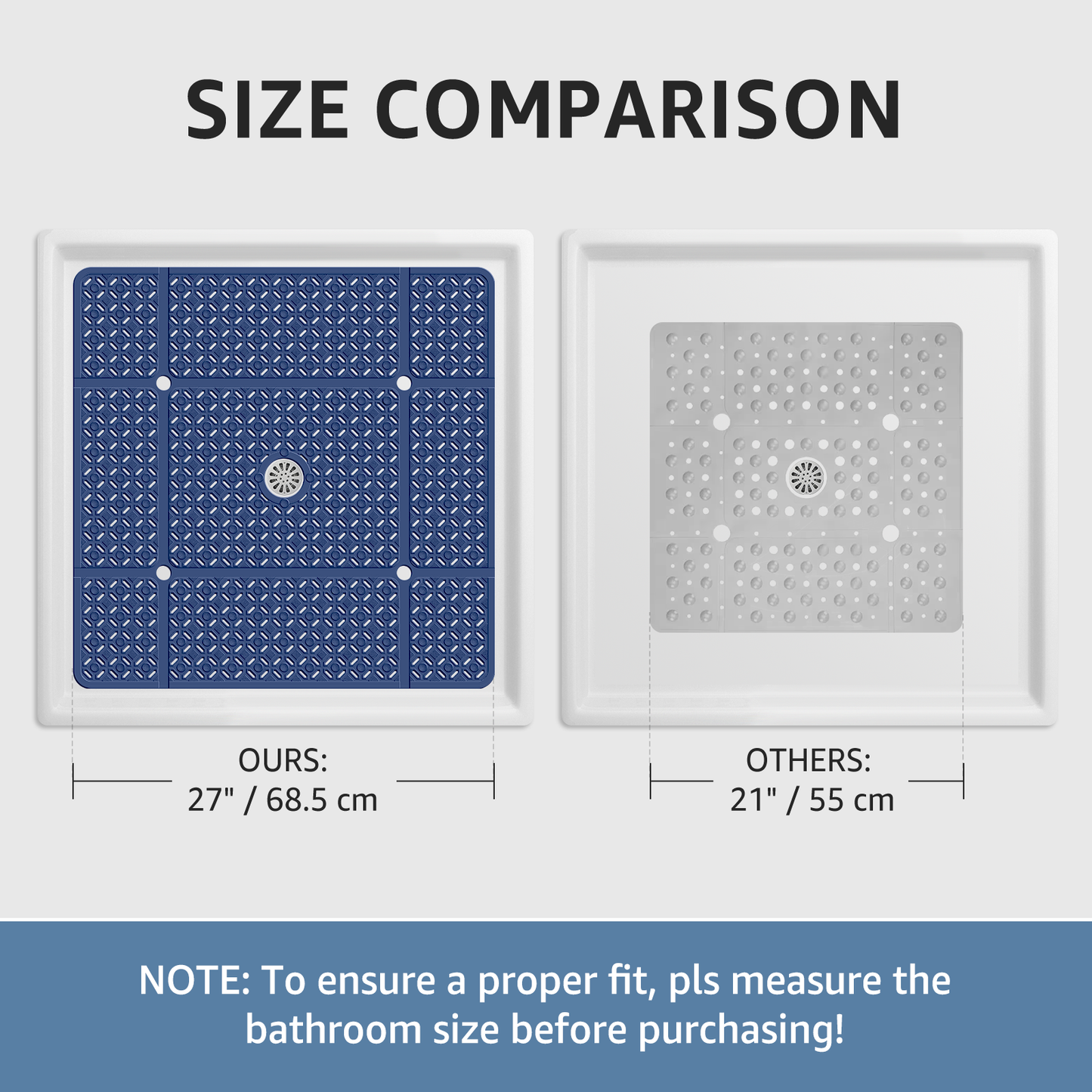 Yolife 27" x 27" Square Shower Mat, Non-Slip TPE Bath Mat with Drain Hole & Suction Cups, Machine Washable Soft Floor Mat for Tub or Stall