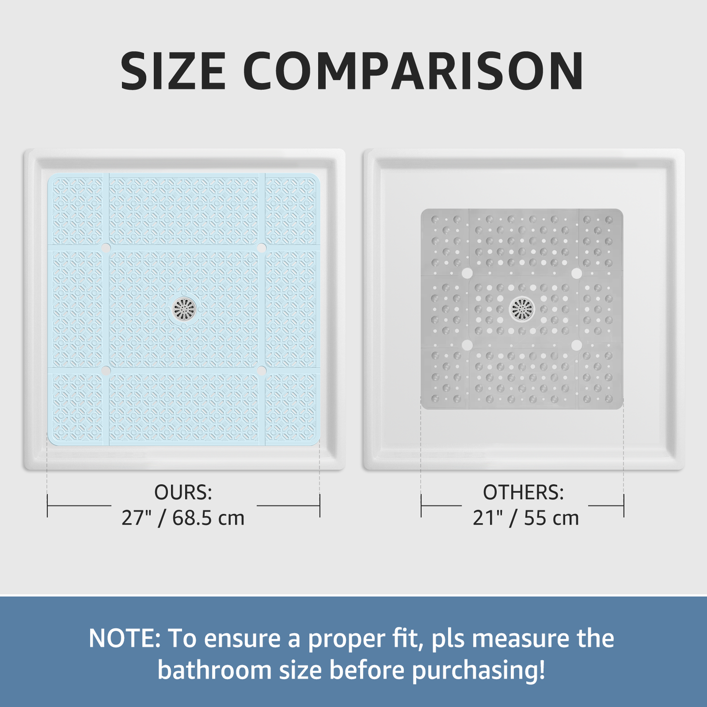 Yolife 27" x 27" Square Shower Mat, Non-Slip TPE Bath Mat with Drain Hole & Suction Cups, Machine Washable Soft Floor Mat for Tub or Stall