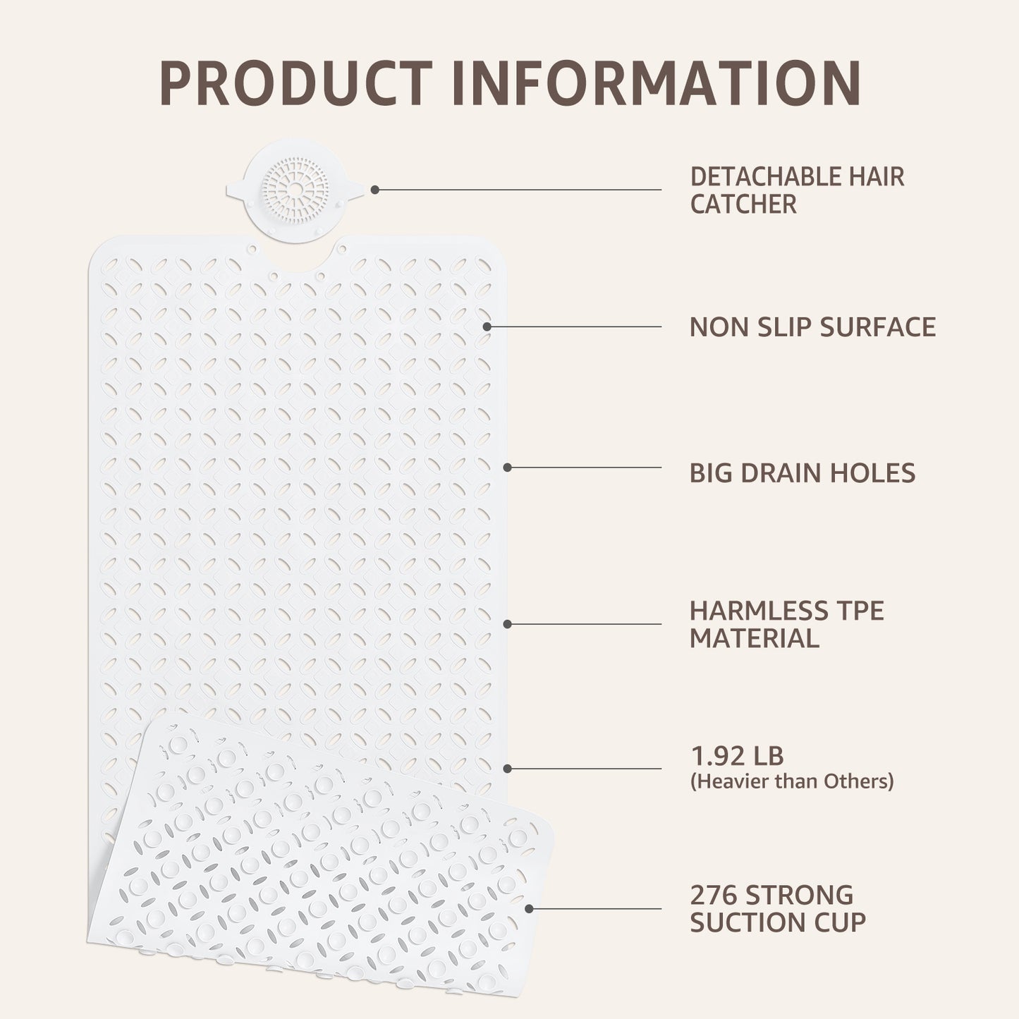 OTHWAY Non-Slip Bath Mat for Tub with Hair Catcher, 39"x17" Long Shower Mat, Large Drain Holes, Machine Washable Gripper Tub Mat