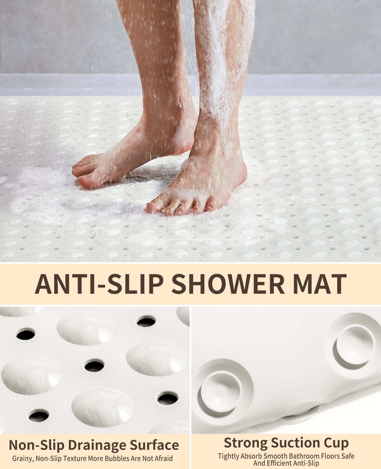 Yolife Extra Large Shower Mat 47.2x31.5" - TPE Non-Slip Bath Mat w/Suction Cups & Drain Holes, Heavy Duty for Shower Stall, Odor-Free