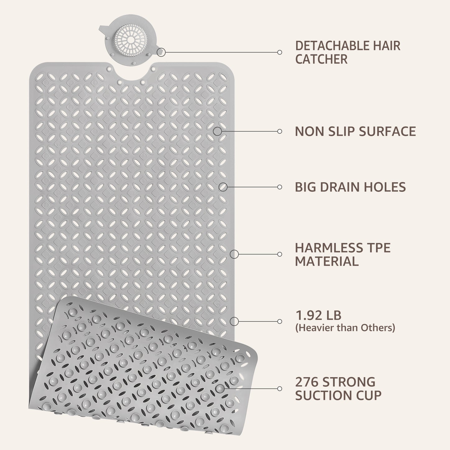 OTHWAY Non-Slip Bath Mat for Tub with Hair Catcher, 39"x17" Long Shower Mat, Large Drain Holes, Machine Washable Gripper Tub Mat