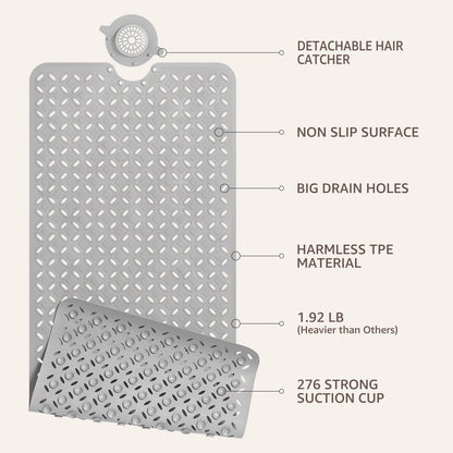 OTHWAY Non-Slip Bath Mat for Tub with Hair Catcher, 39"x17" Long Shower Mat, Large Drain Holes, Machine Washable Gripper Tub Mat