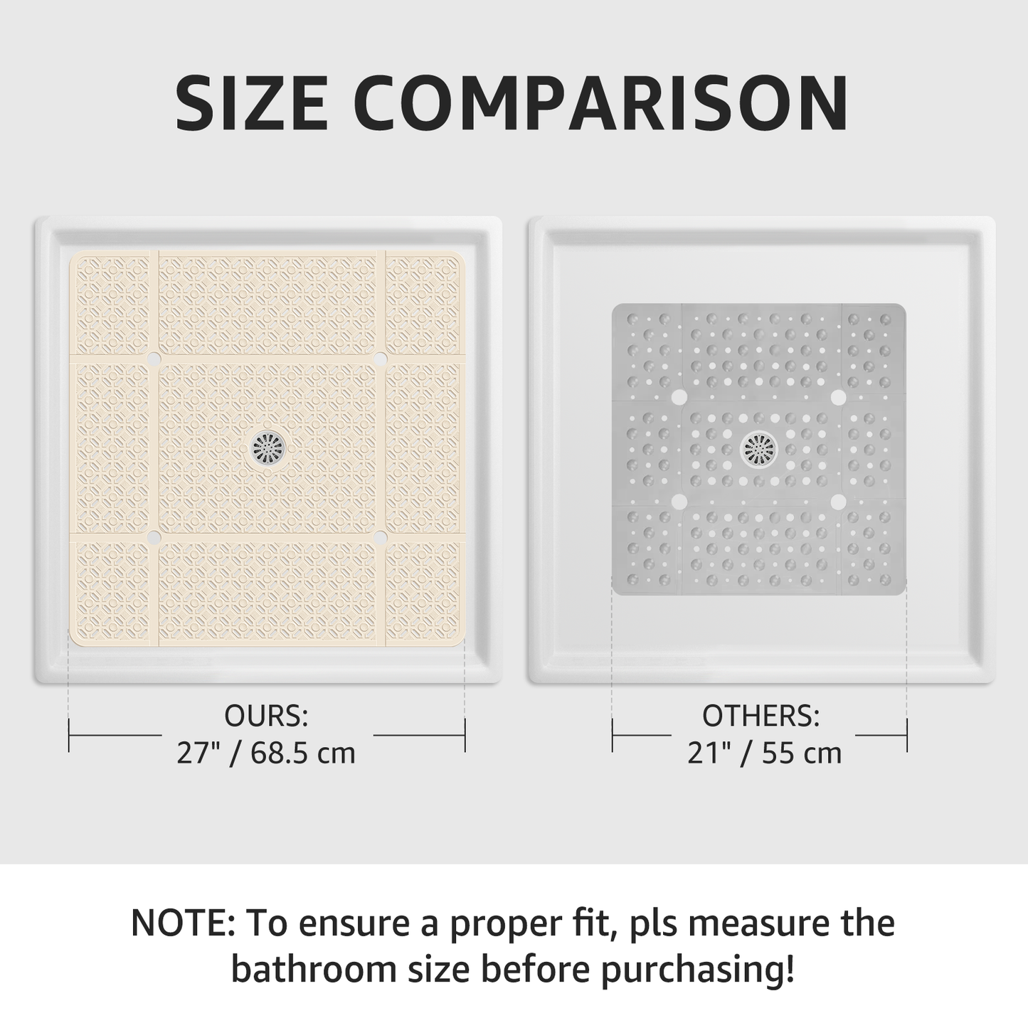 Yolife 27" x 27" Square Shower Mat, Non-Slip TPE Bath Mat with Drain Hole & Suction Cups, Machine Washable Soft Floor Mat for Tub or Stall