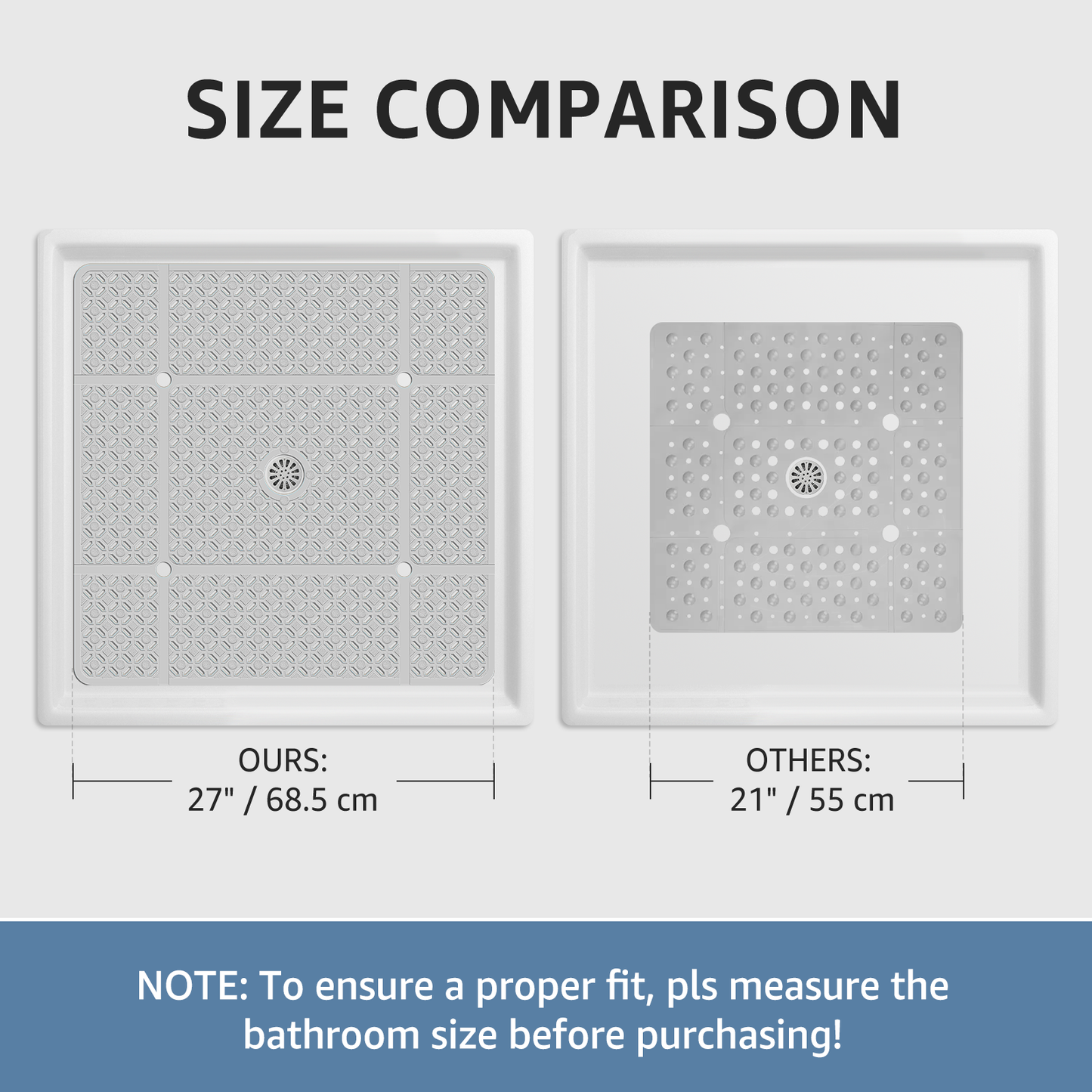 Yolife 27" x 27" Square Shower Mat, Non-Slip TPE Bath Mat with Drain Hole & Suction Cups, Machine Washable Soft Floor Mat for Tub or Stall