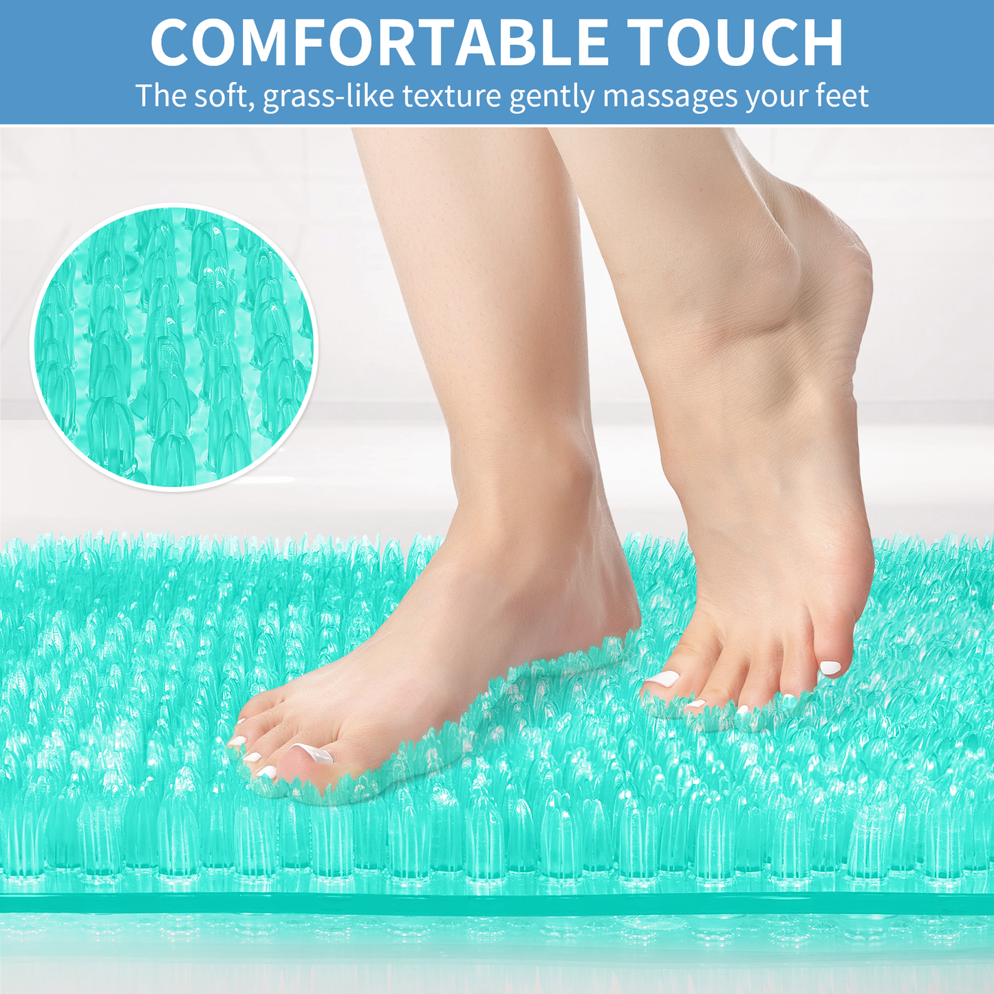 Yolife Non-Slip Grass Bath Mat with Strong Suction Cups, 25.6"x13.4" Quick-Drain Shower Floor Mat for Foot Scrubbing & Massage