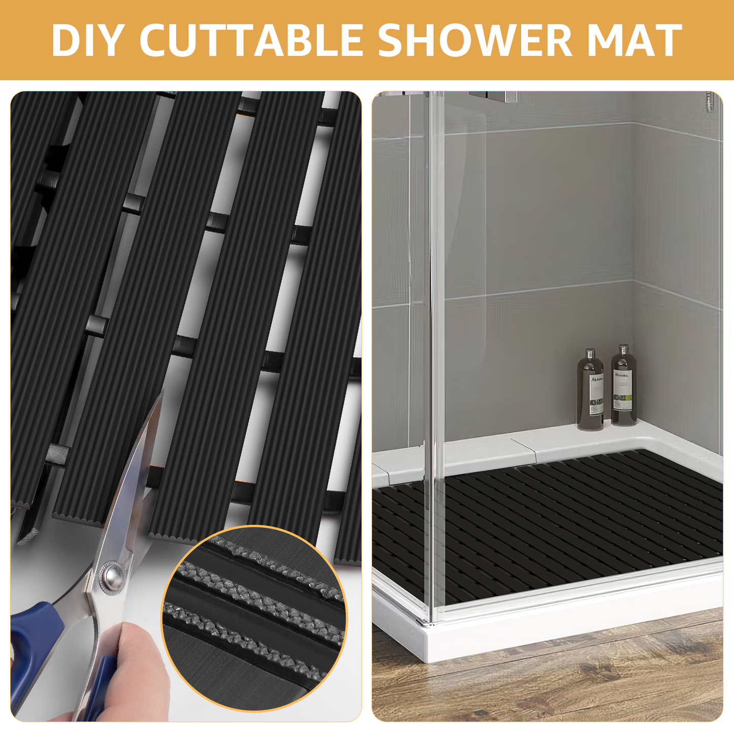 Yolife Extra Large PVC Shower Mat, 35.4x24 inch Non-Slip Bath Mat with Quick Drain, No Suction Cups, Easy to Cut & Store for Tub, Stall, Spa