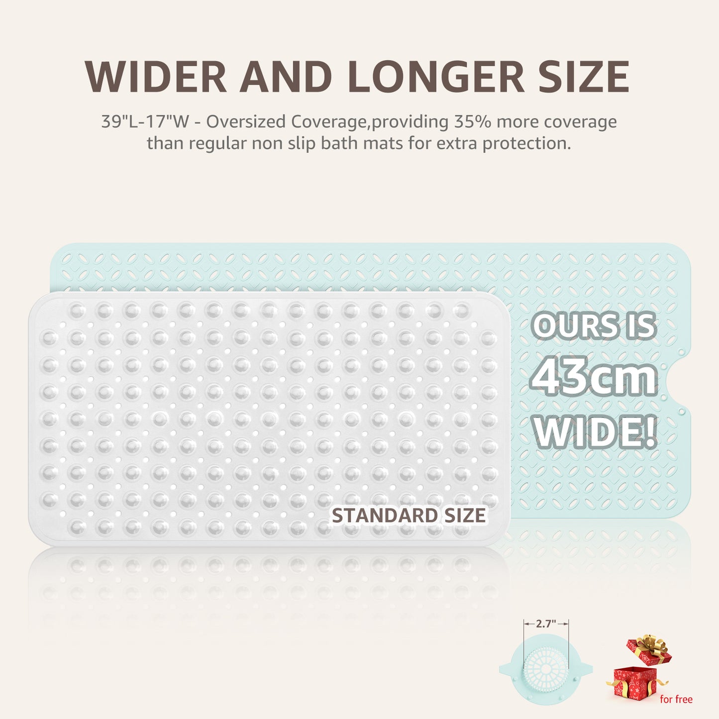OTHWAY Non-Slip Bath Mat for Tub with Hair Catcher, 39"x17" Long Shower Mat, Large Drain Holes, Machine Washable Gripper Tub Mat