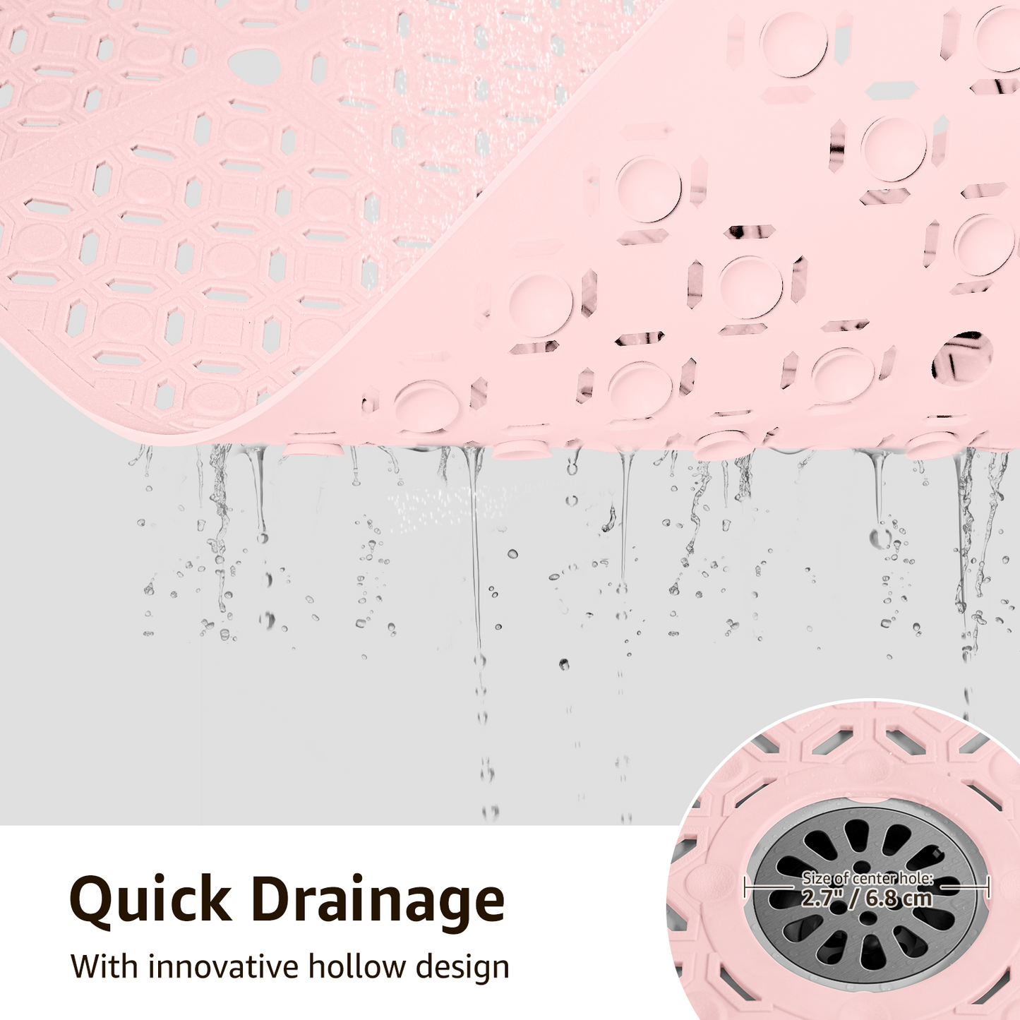 Yolife 27" x 27" Square Shower Mat, Non-Slip TPE Bath Mat with Drain Hole & Suction Cups, Machine Washable Soft Floor Mat for Tub or Stall
