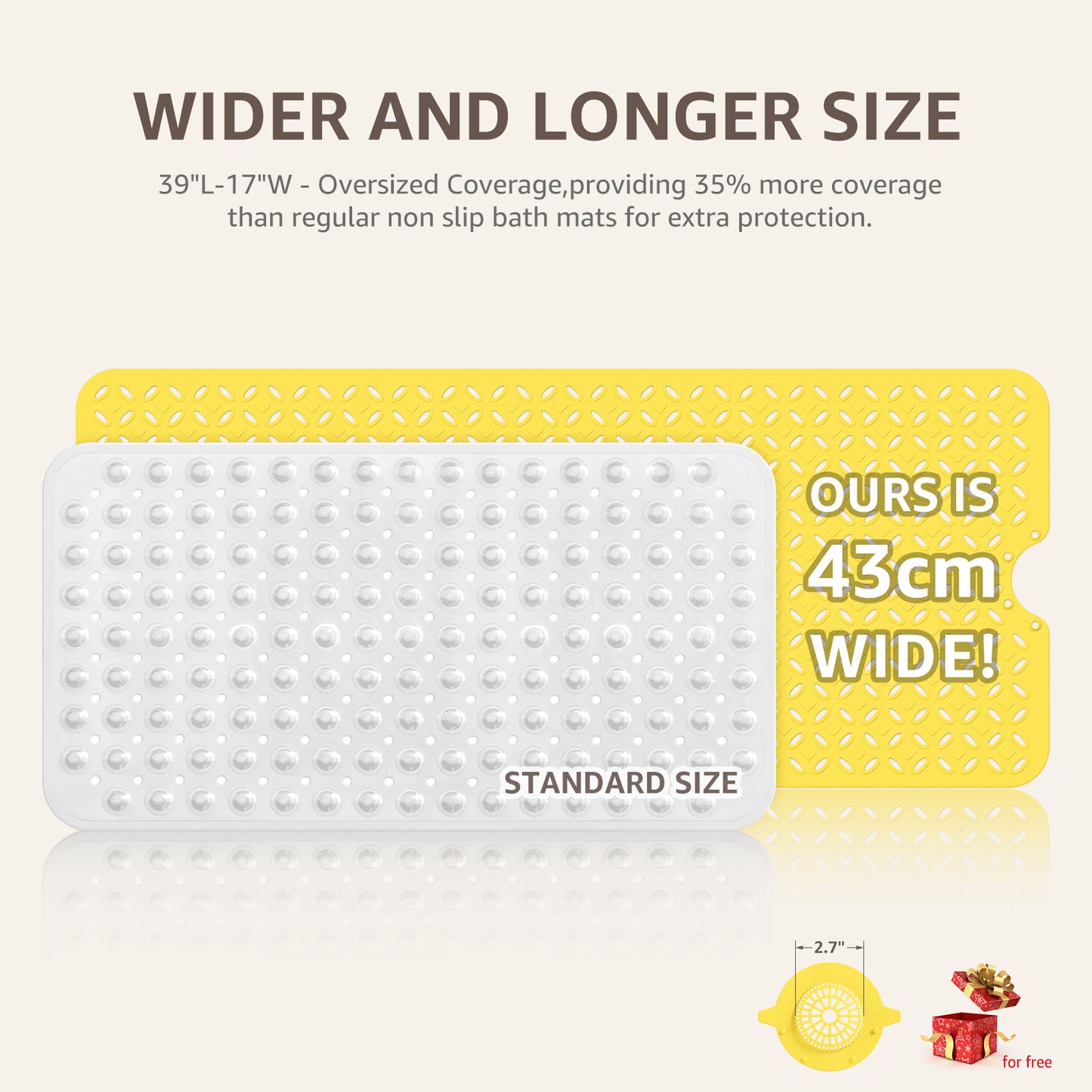 OTHWAY Non-Slip Bath Mat for Tub with Hair Catcher, 39"x17" Long Shower Mat, Large Drain Holes, Machine Washable Gripper Tub Mat