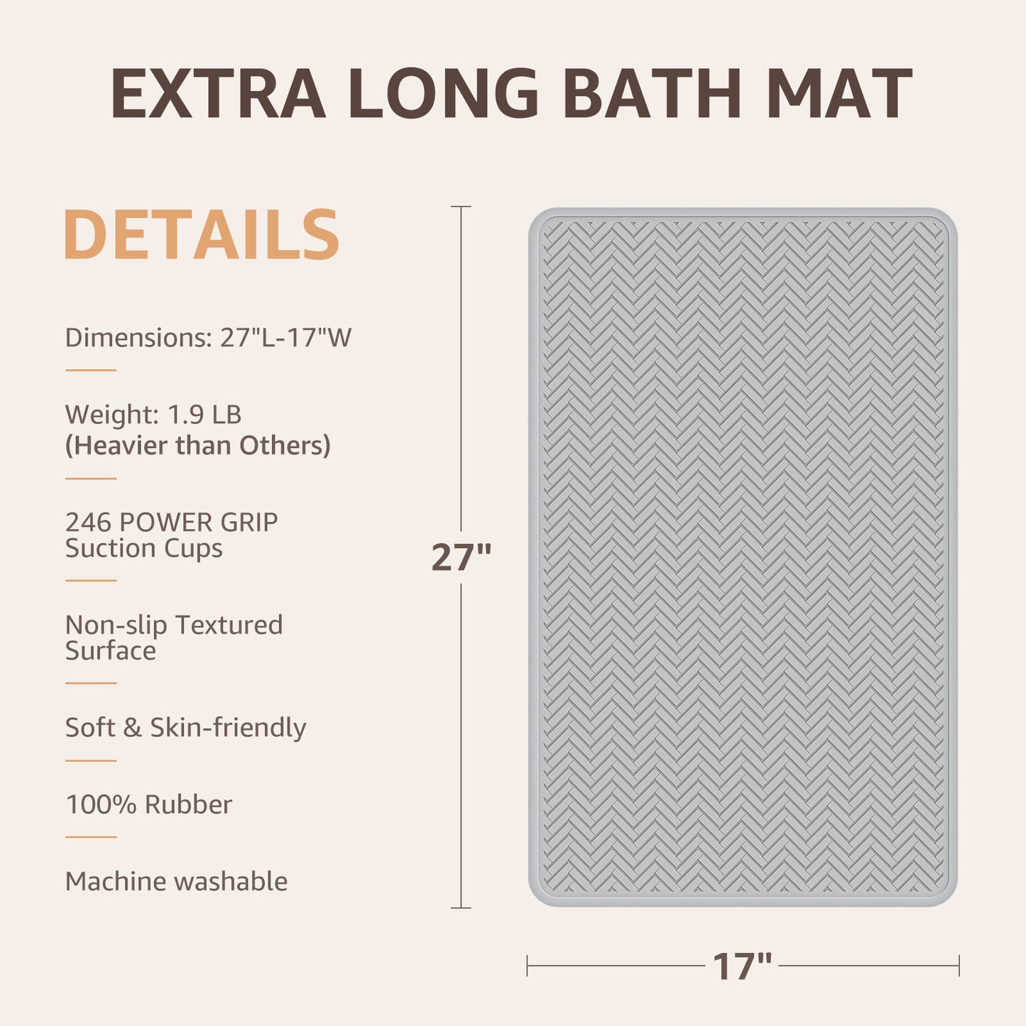OTHWAY Extra Large Non-Slip Bath Mat with Strong Suction Cups, 28" x 17" Soft Rubber Shower Mat for Bathroom Floor, Durable & Skin-Friendly Bath Rug