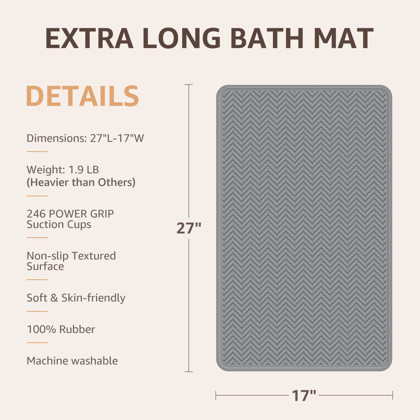 OTHWAY Extra Large Non-Slip Bath Mat with Strong Suction Cups, 28" x 17" Soft Rubber Shower Mat for Bathroom Floor, Durable & Skin-Friendly Bath Rug