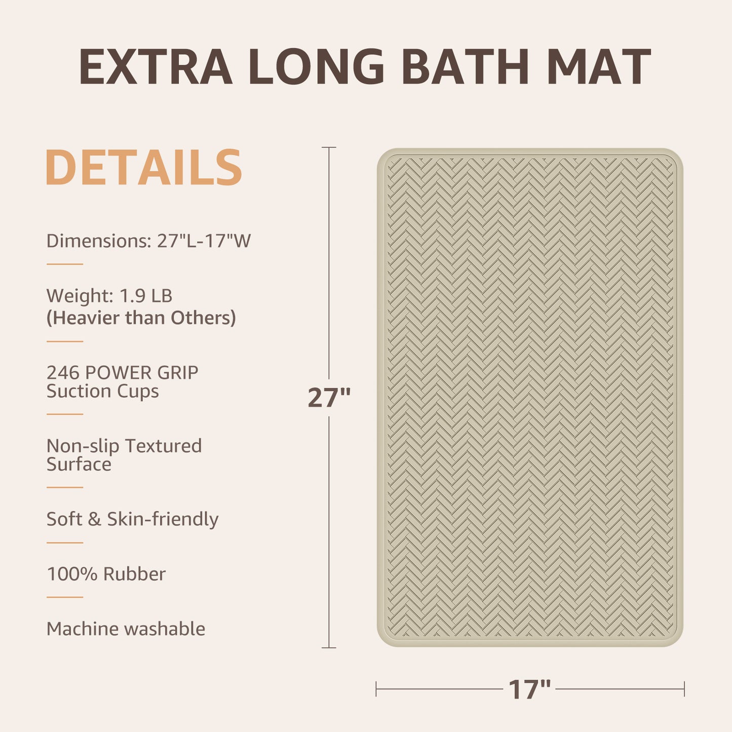 OTHWAY Extra Large Non-Slip Bath Mat with Strong Suction Cups, 28" x 17" Soft Rubber Shower Mat for Bathroom Floor, Durable & Skin-Friendly Bath Rug