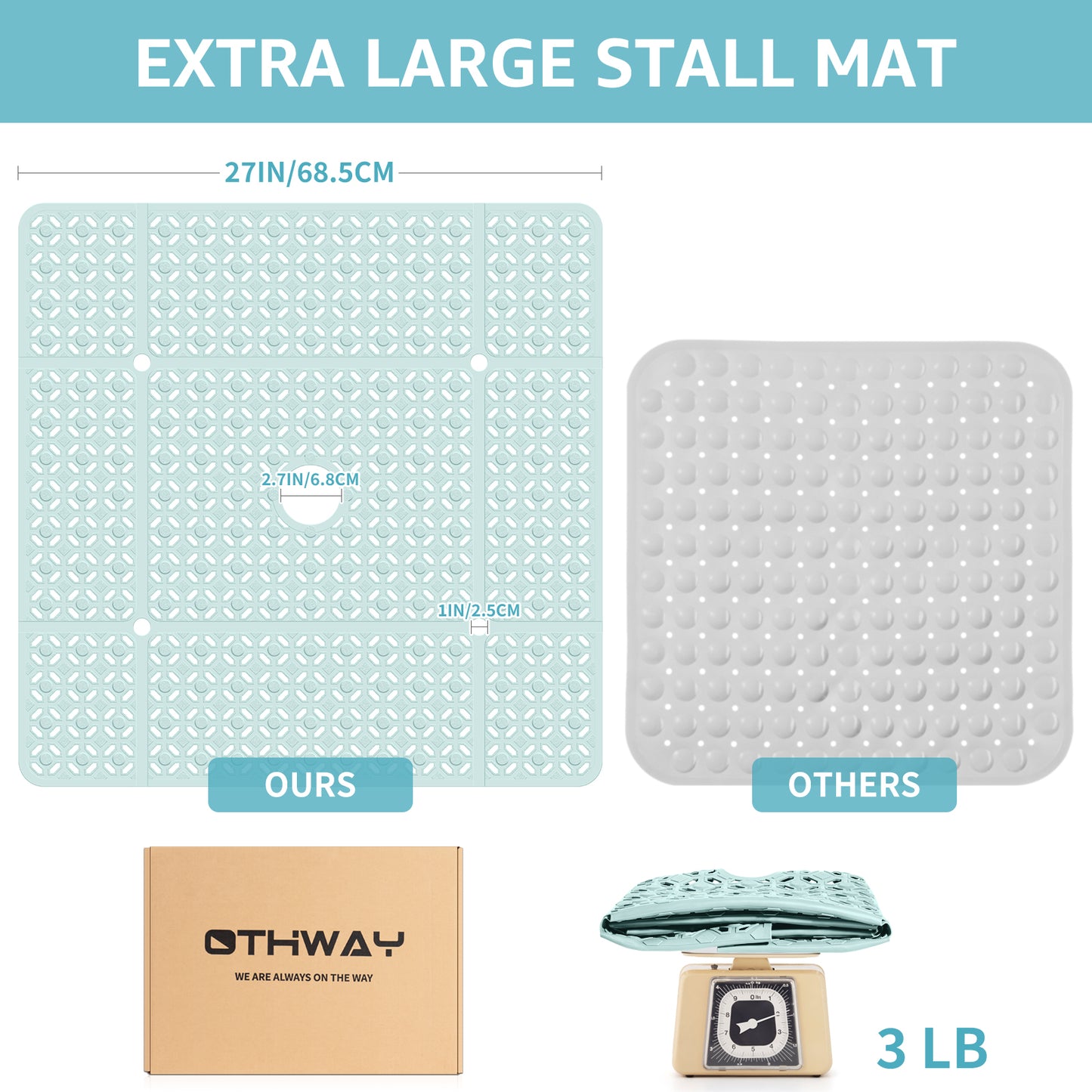 OTHWAY Square Shower Mat, 27"x 27" Extra Large Shower Mats for Inside Shower, TPE Anti Slip Shower Mat with Suction Cups Drain Holes, Machine Washable Shower Floor Mat