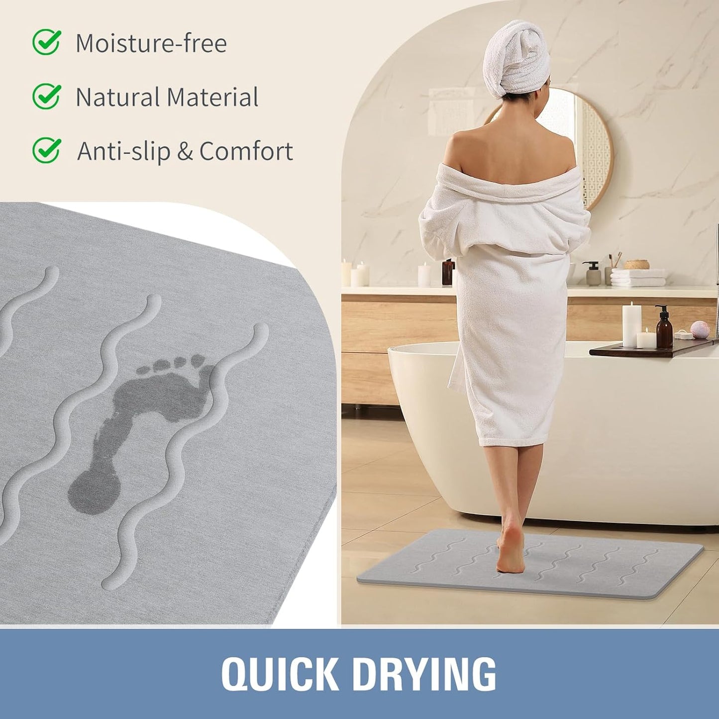 OTHWAY 32"x 20" Stone Bath Mat Large, Diatomaceous Earth Bath Mat for Bathroom Quick Drying Absorbing, Long Non-Slip Diatomite Hard Stone Shower Mat Instant Dry