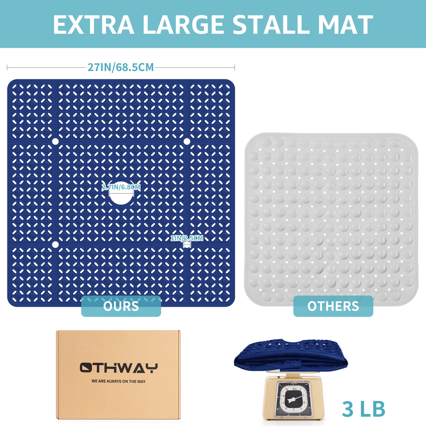 OTHWAY Square Shower Mat, 27"x 27" Extra Large Shower Mats for Inside Shower, TPE Anti Slip Shower Mat with Suction Cups Drain Holes, Machine Washable Shower Floor Mat