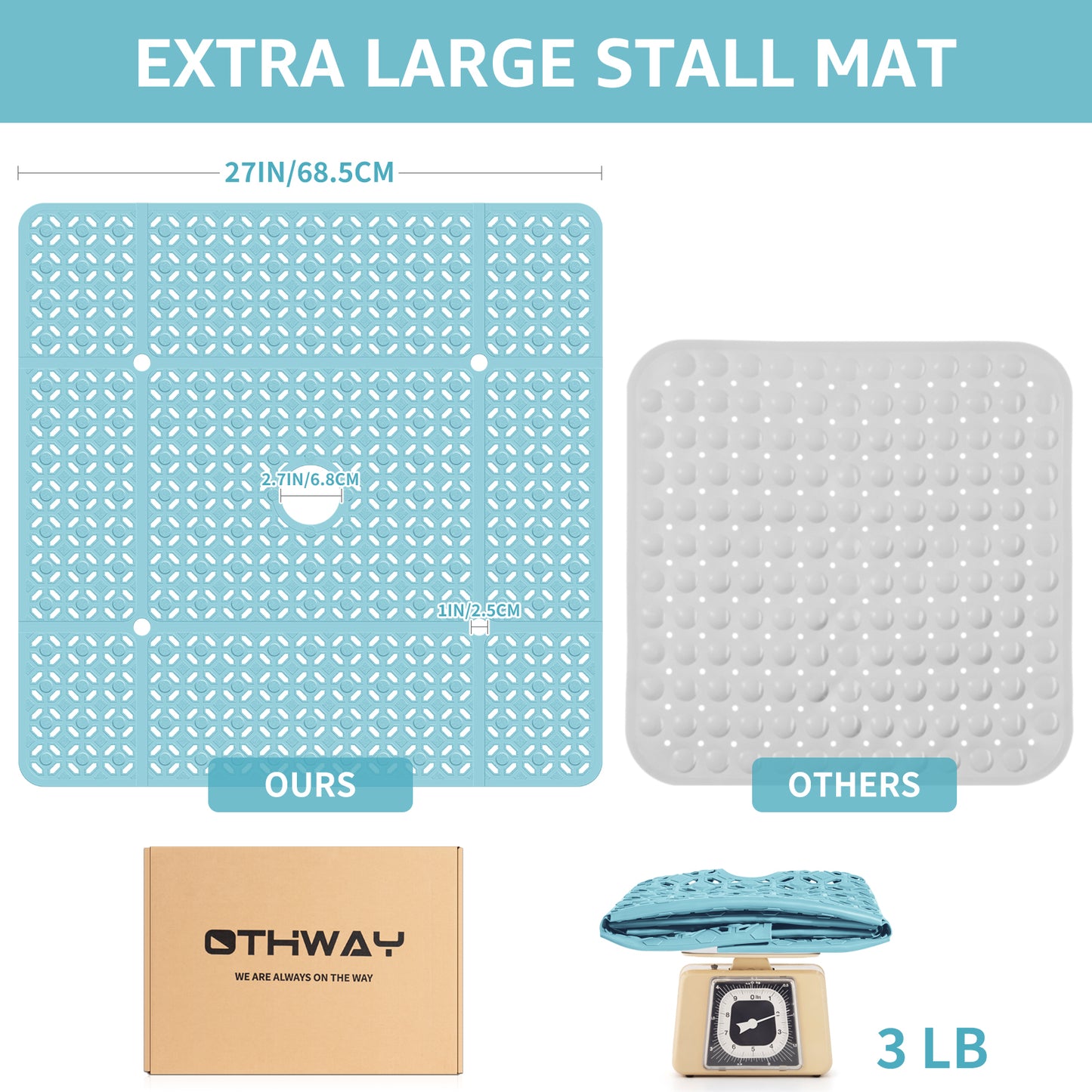 OTHWAY Square Shower Mat, 27"x 27" Extra Large Shower Mats for Inside Shower, TPE Anti Slip Shower Mat with Suction Cups Drain Holes, Machine Washable Shower Floor Mat
