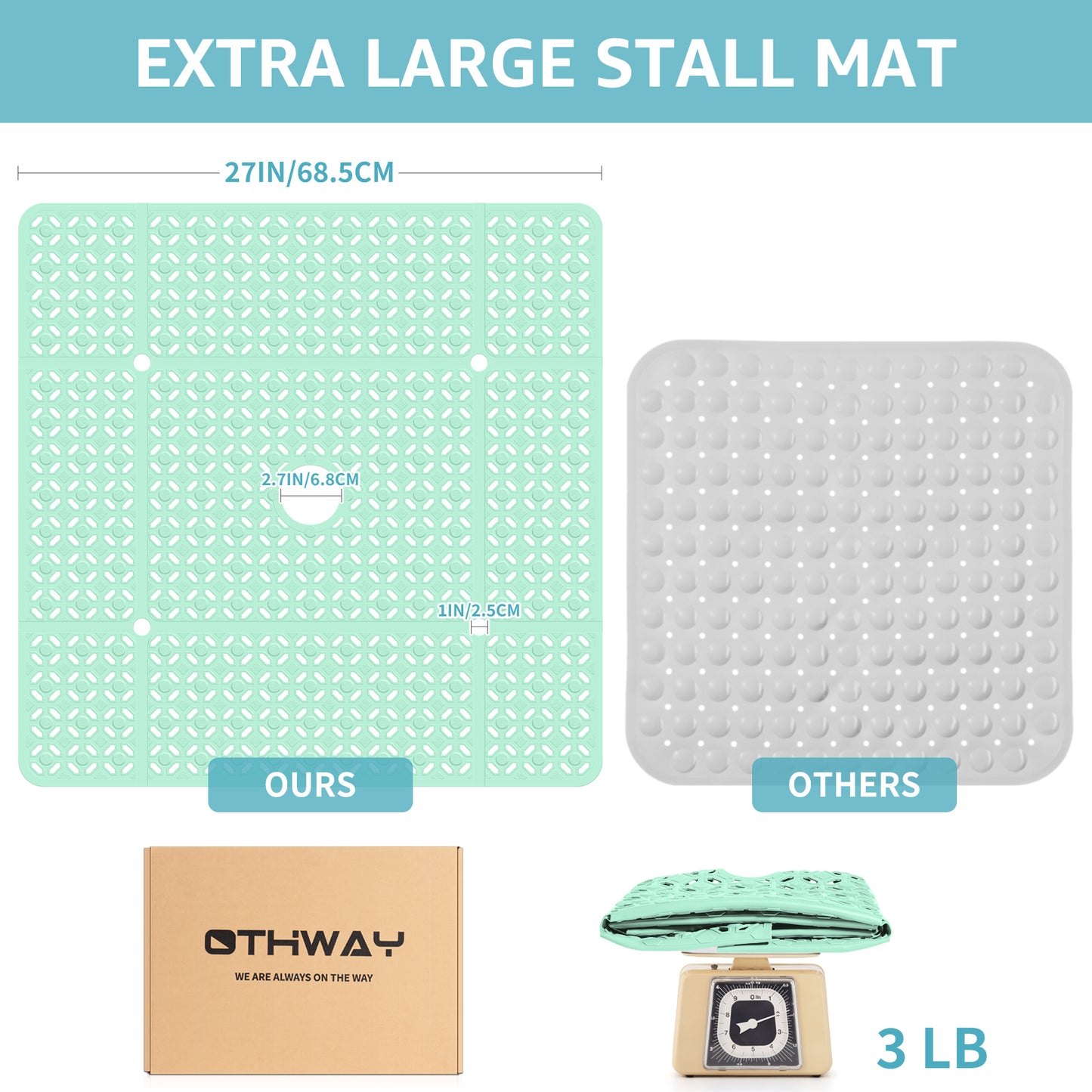 OTHWAY Square Shower Mat, 27"x 27" Extra Large Shower Mats for Inside Shower, TPE Anti Slip Shower Mat with Suction Cups Drain Holes, Machine Washable Shower Floor Mat