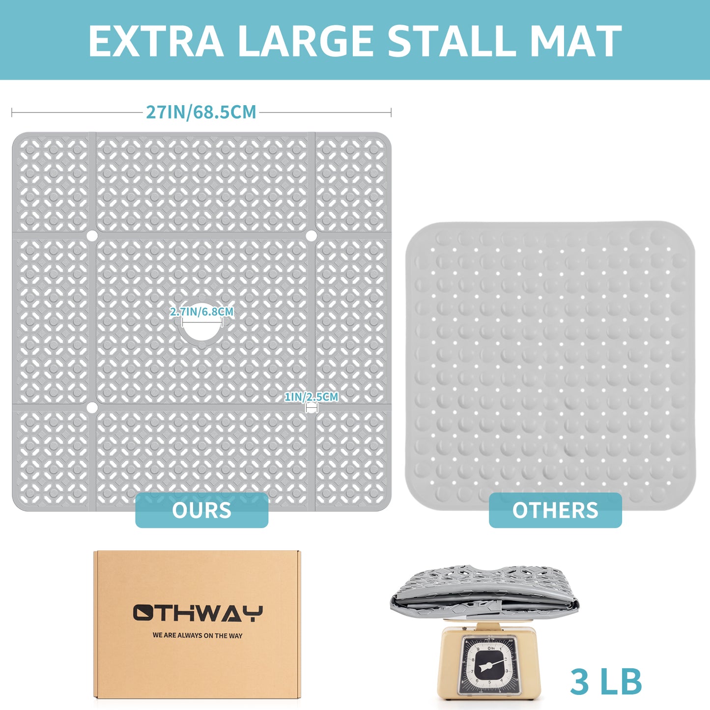 OTHWAY Square Shower Mat, 27"x 27" Extra Large Shower Mats for Inside Shower, TPE Anti Slip Shower Mat with Suction Cups Drain Holes, Machine Washable Shower Floor Mat