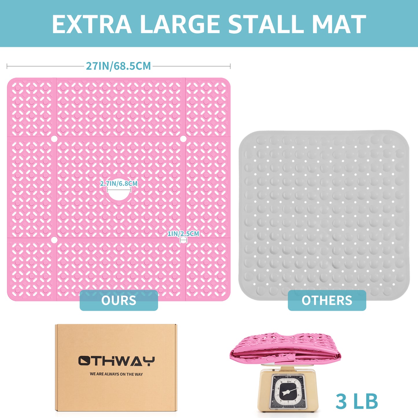 OTHWAY Square Shower Mat, 27"x 27" Extra Large Shower Mats for Inside Shower, TPE Anti Slip Shower Mat with Suction Cups Drain Holes, Machine Washable Shower Floor Mat