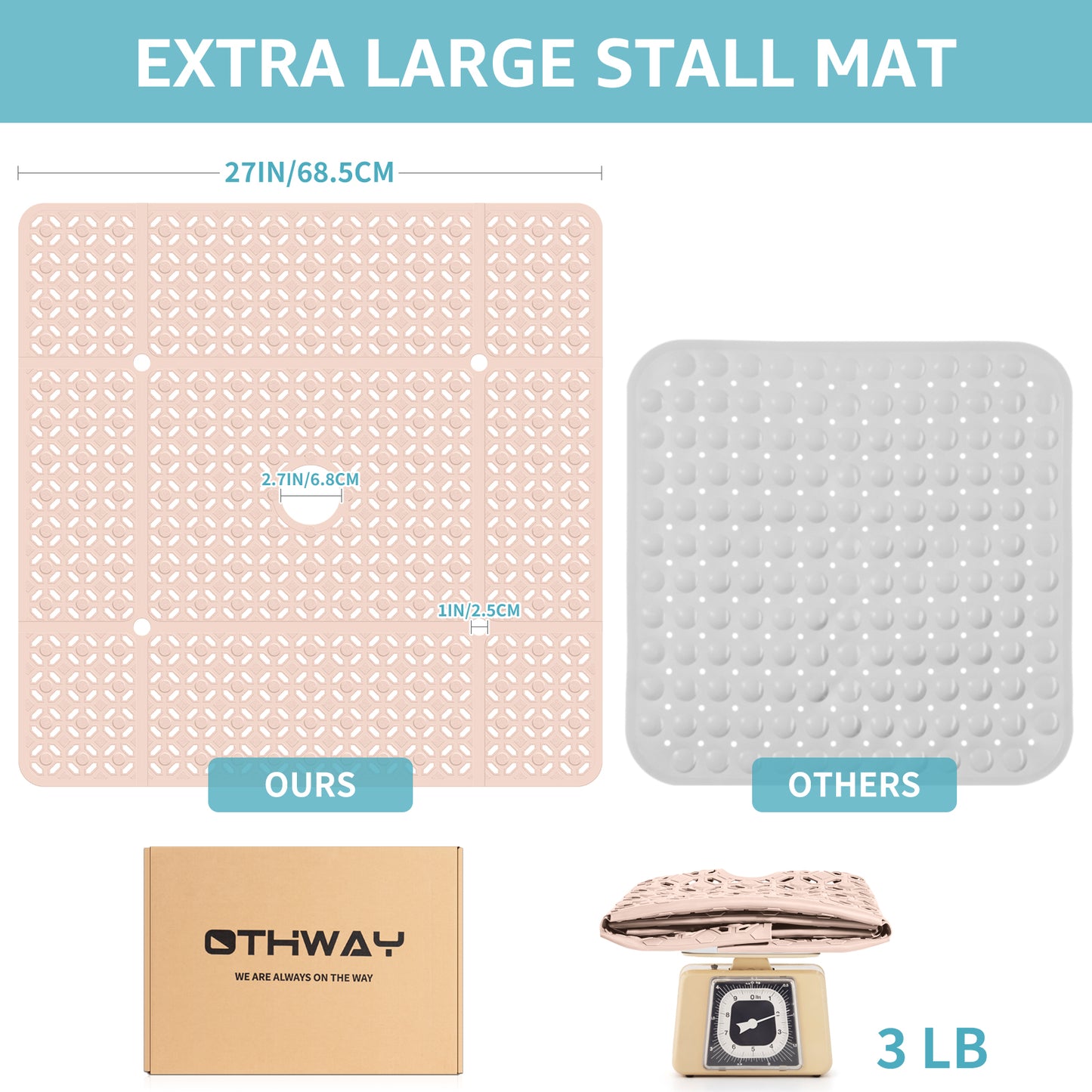 OTHWAY Square Shower Mat, 27"x 27" Extra Large Shower Mats for Inside Shower, TPE Anti Slip Shower Mat with Suction Cups Drain Holes, Machine Washable Shower Floor Mat
