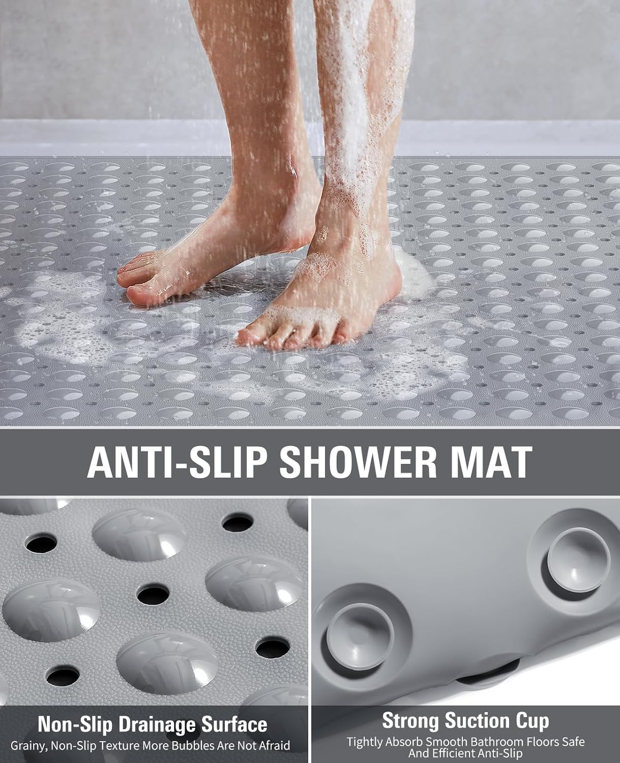 Yolife Extra Large Shower Mat 18.9x30.7" - TPE Non-Slip Bath Mat w/Suction Cups & Drain Holes, Heavy Duty for Shower Stall, Odor-Free