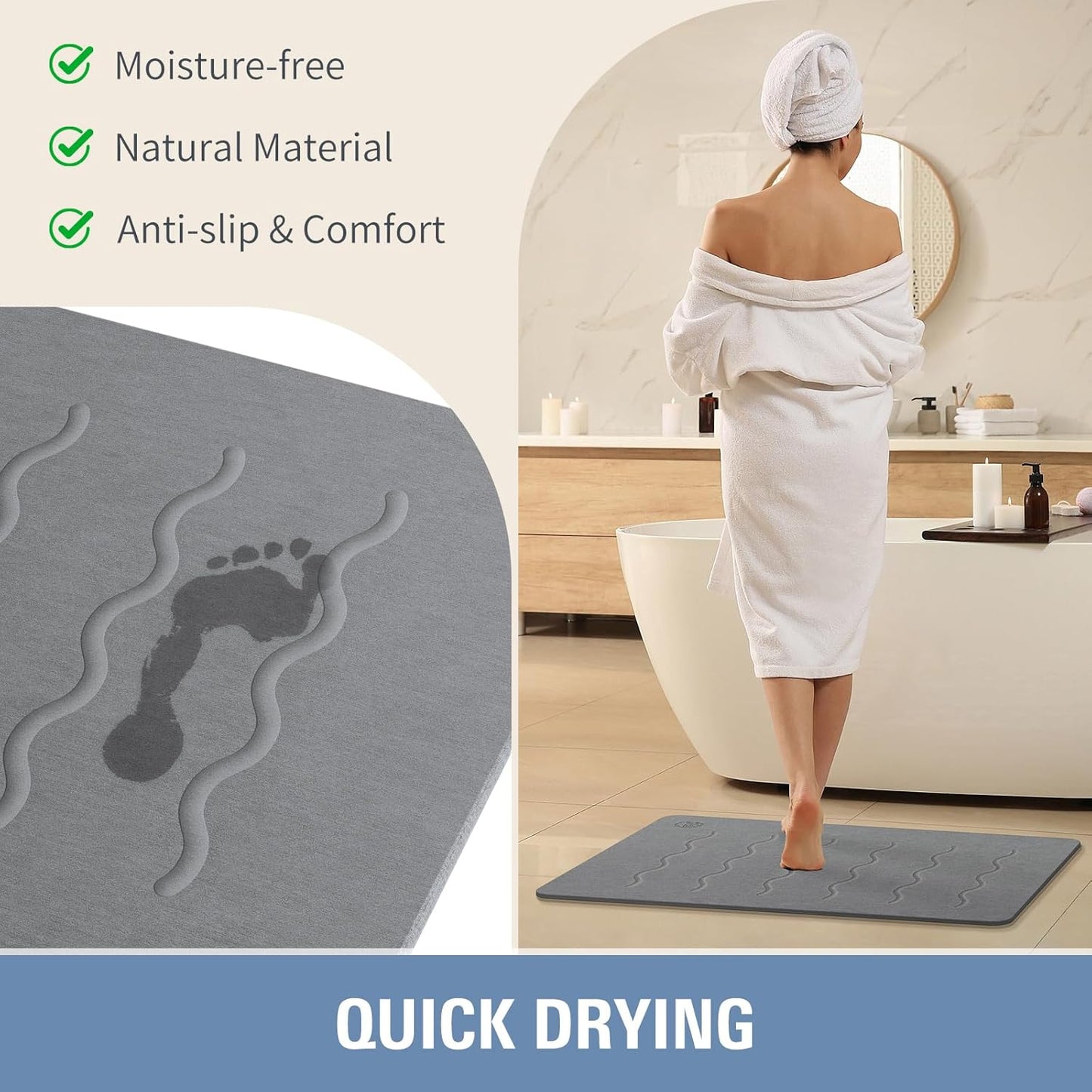 OTHWAY 32"x 20" Stone Bath Mat Large, Diatomaceous Earth Bath Mat for Bathroom Quick Drying Absorbing, Long Non-Slip Diatomite Hard Stone Shower Mat Instant Dry