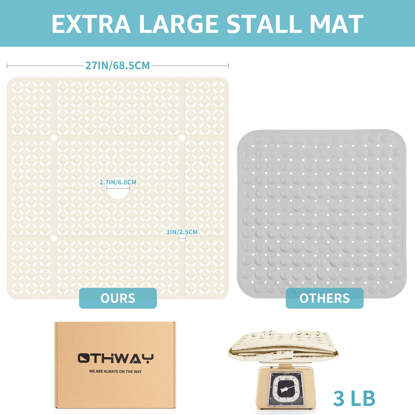 OTHWAY Square Shower Mat, 27"x 27" Extra Large Shower Mats for Inside Shower, TPE Anti Slip Shower Mat with Suction Cups Drain Holes, Machine Washable Shower Floor Mat