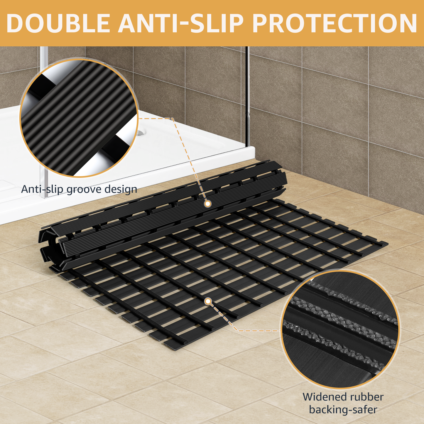 Yolife Extra Large PVC Shower Mat, 35.4x24 inch Non-Slip Bath Mat with Quick Drain, No Suction Cups, Easy to Cut & Store for Tub, Stall, Spa